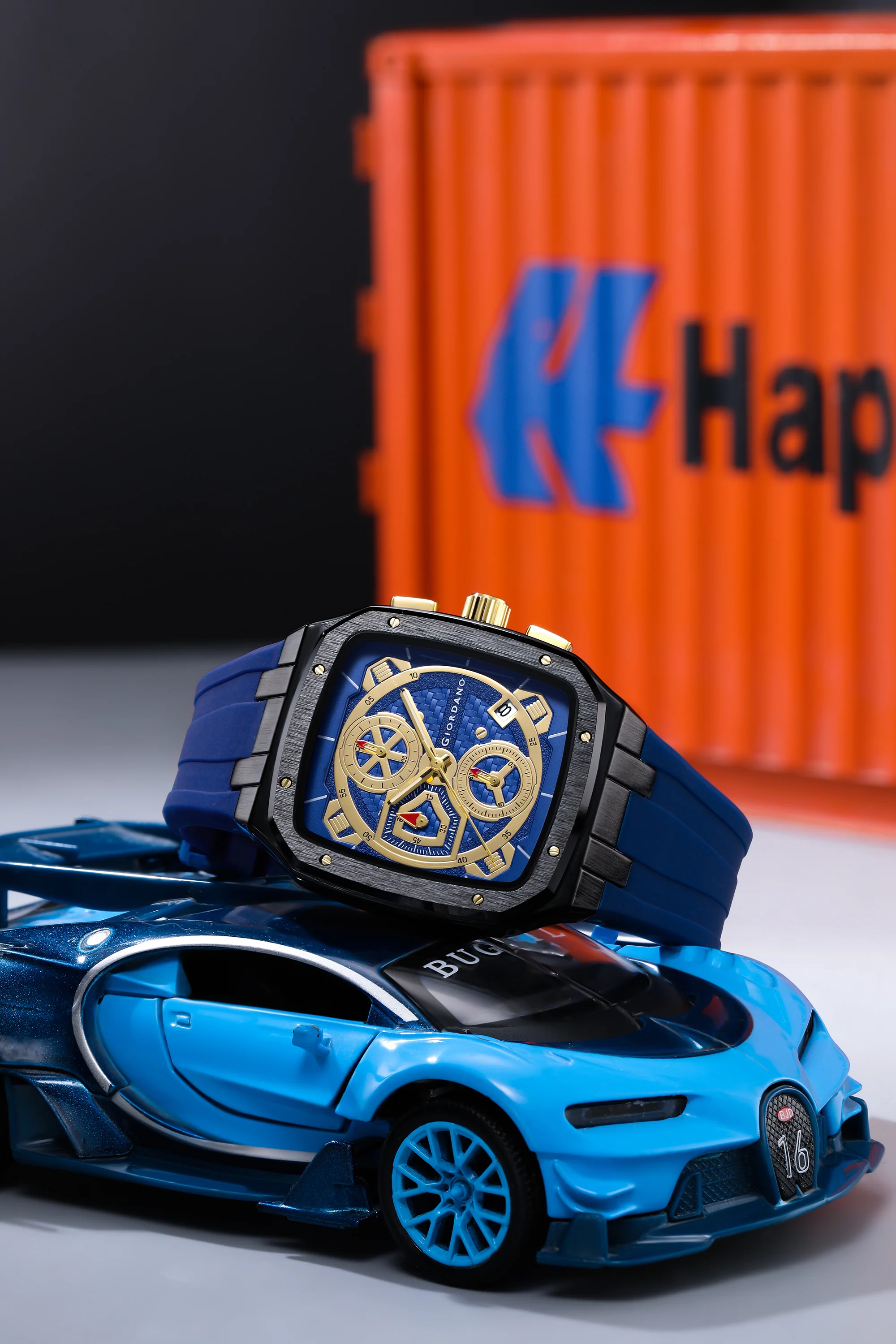 Giordano Analog Watch for Men with Chronograph Subdials, Black Square Case, Date Display, Quartz Movement, Blue Silicone Strap GZ-50204-22 - Image 3