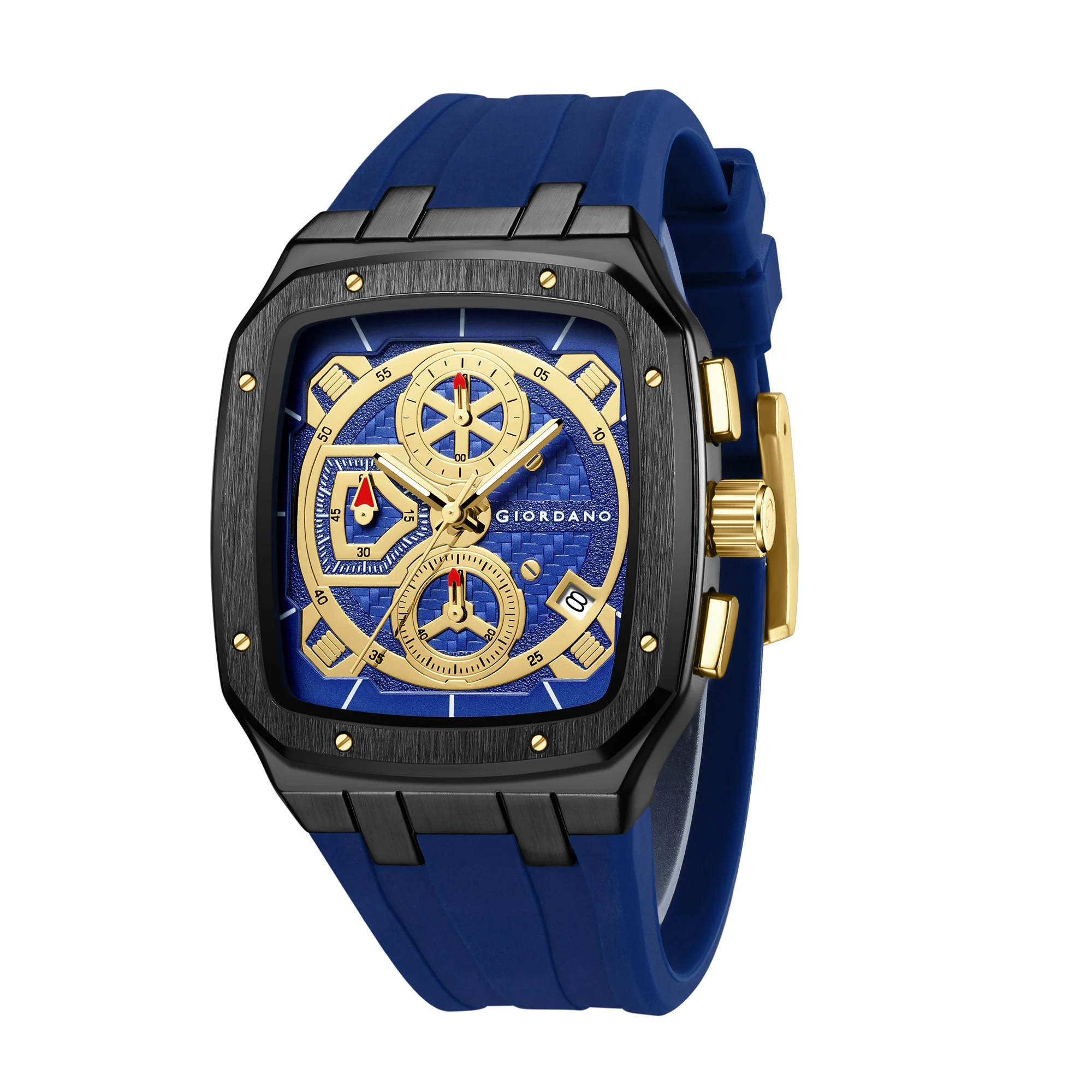 Giordano Analog Watch for Men with Chronograph Subdials, Black Square Case, Date Display, Quartz Movement, Blue Silicone Strap GZ-50204-22 - Image 5