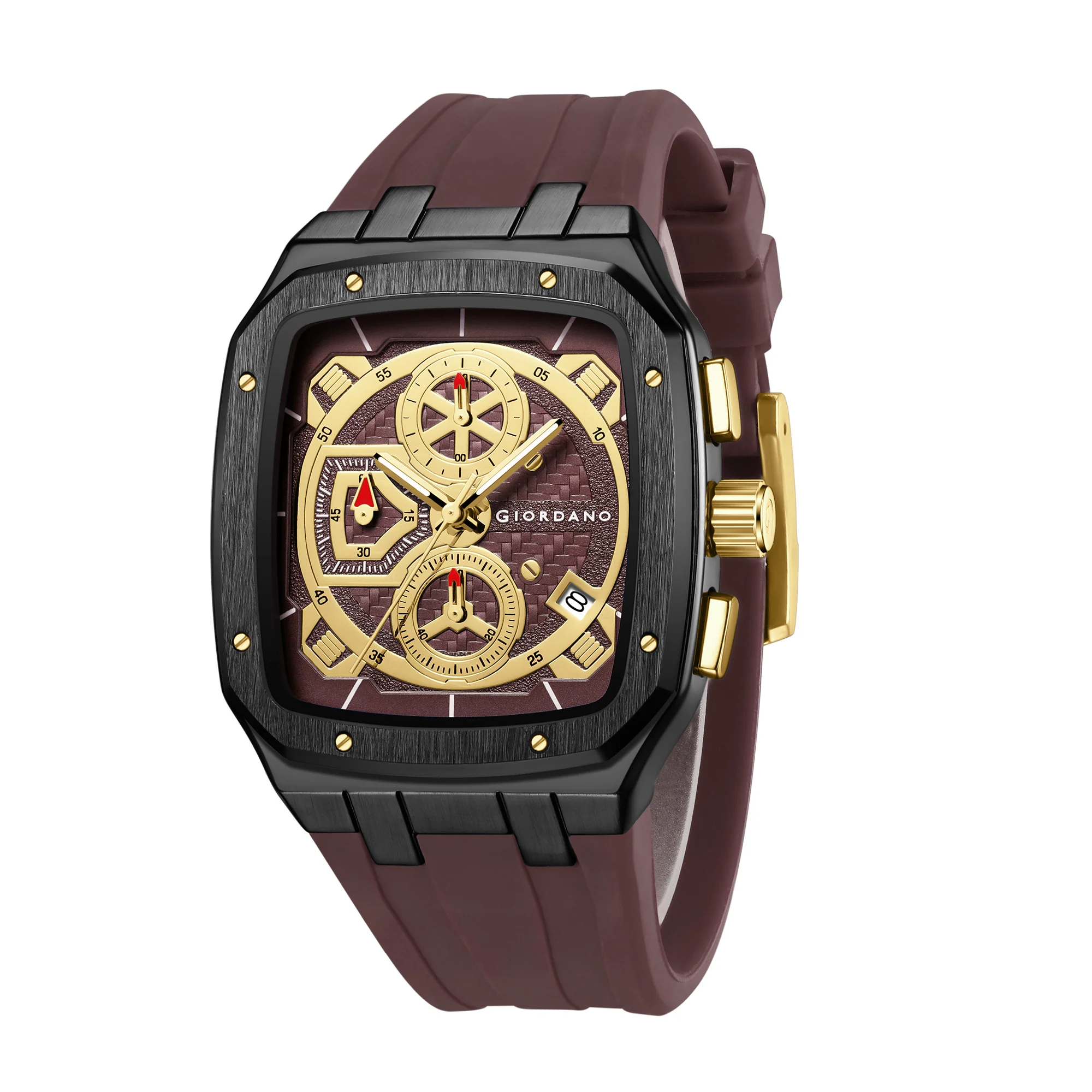 Giordano Analog Watch for Men with Chronograph Subdials, Black Square Case, Date Display, Quartz Movement, Brown Silicone Strap GZ-50204-33 - Image 5