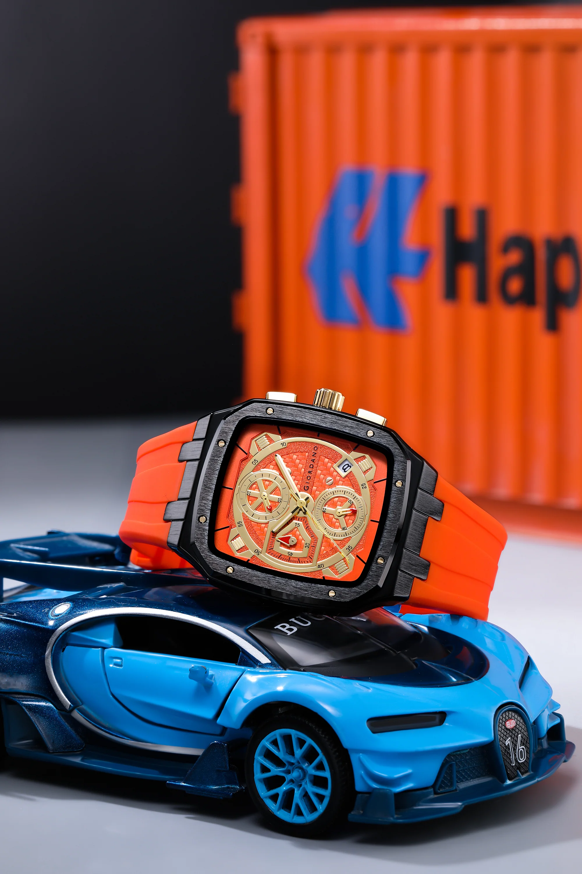 Giordano Analog Watch for Men with Chronograph Subdials, Black Square Case, Date Display, Quartz Movement, Orange Silicone Strap GZ-50204-44 - Image 3