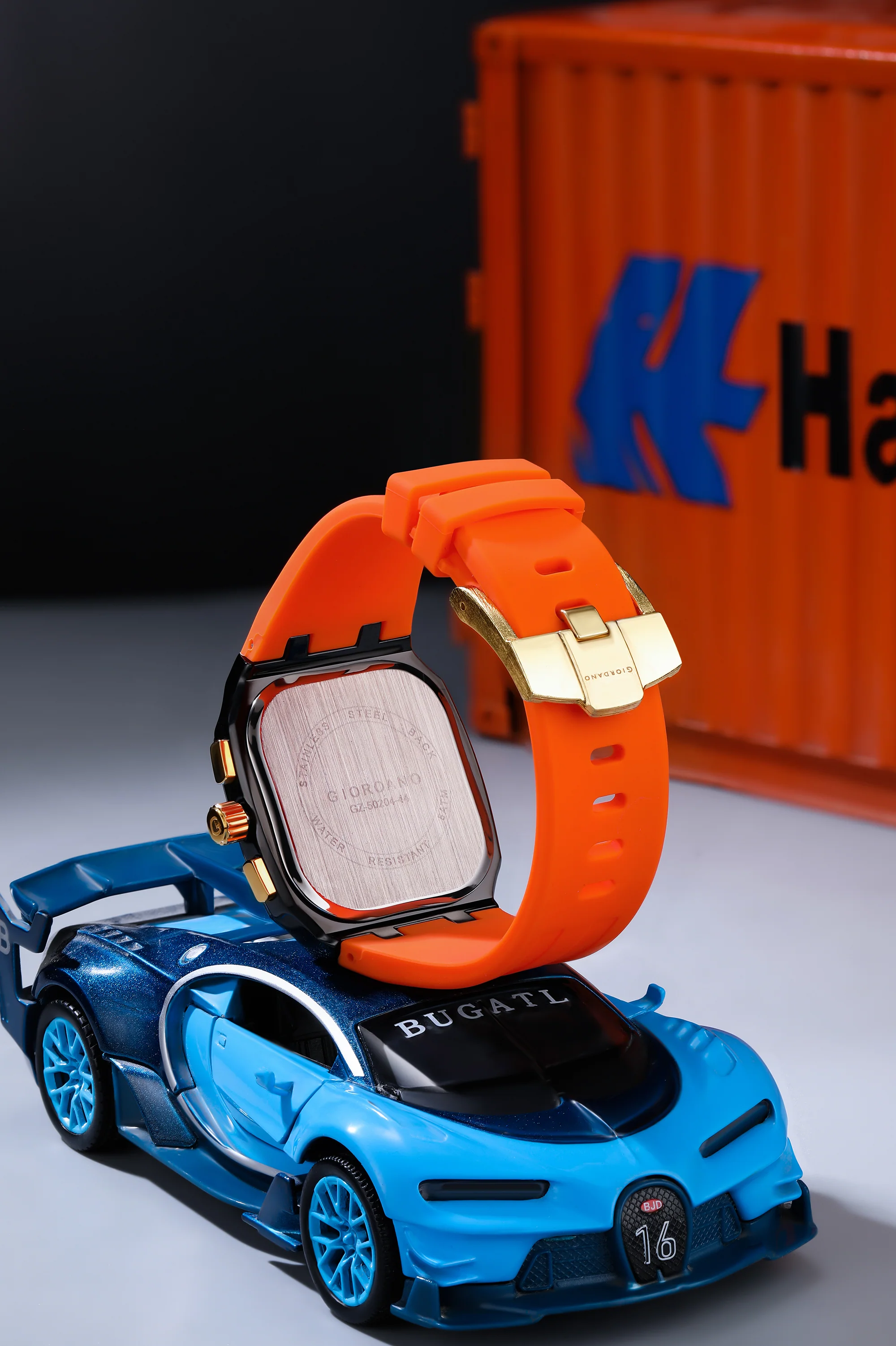 Giordano Analog Watch for Men with Chronograph Subdials, Black Square Case, Date Display, Quartz Movement, Orange Silicone Strap GZ-50204-44 - Image 4