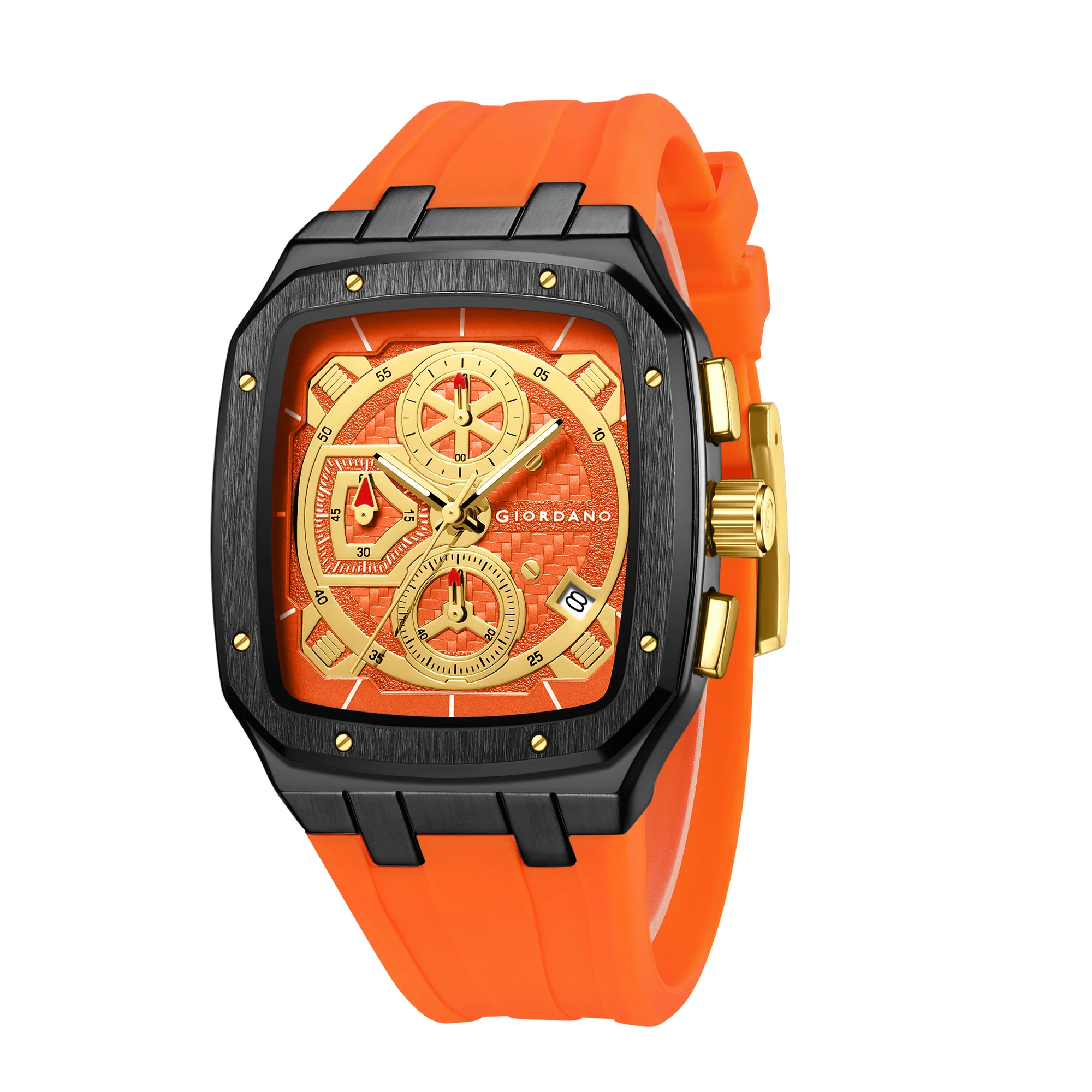 Giordano Analog Watch for Men with Chronograph Subdials, Black Square Case, Date Display, Quartz Movement, Orange Silicone Strap GZ-50204-44 - Image 5