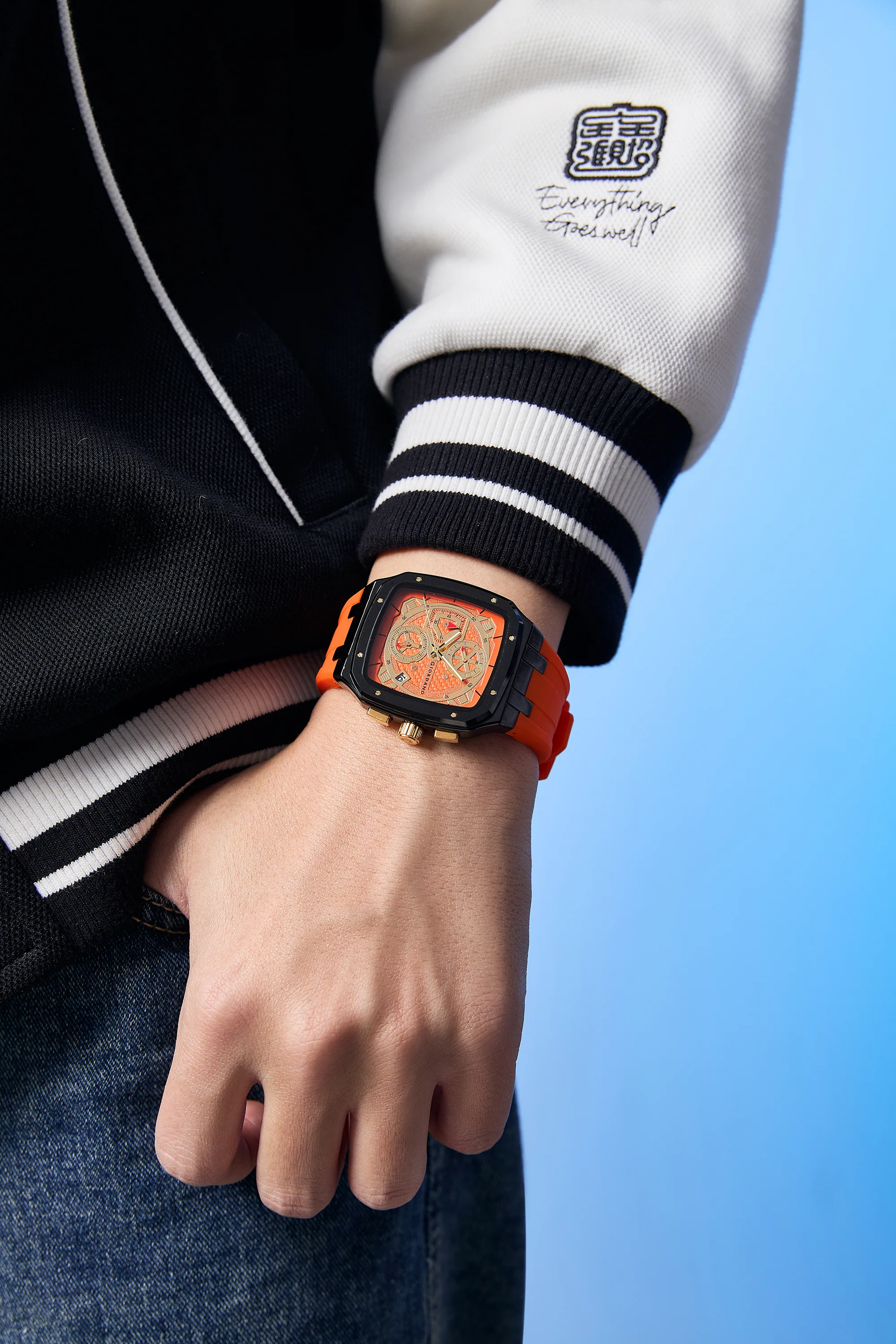 Giordano Analog Watch for Men with Chronograph Subdials, Black Square Case, Date Display, Quartz Movement, Red Silicone Strap GZ-50204-55 - Image 2