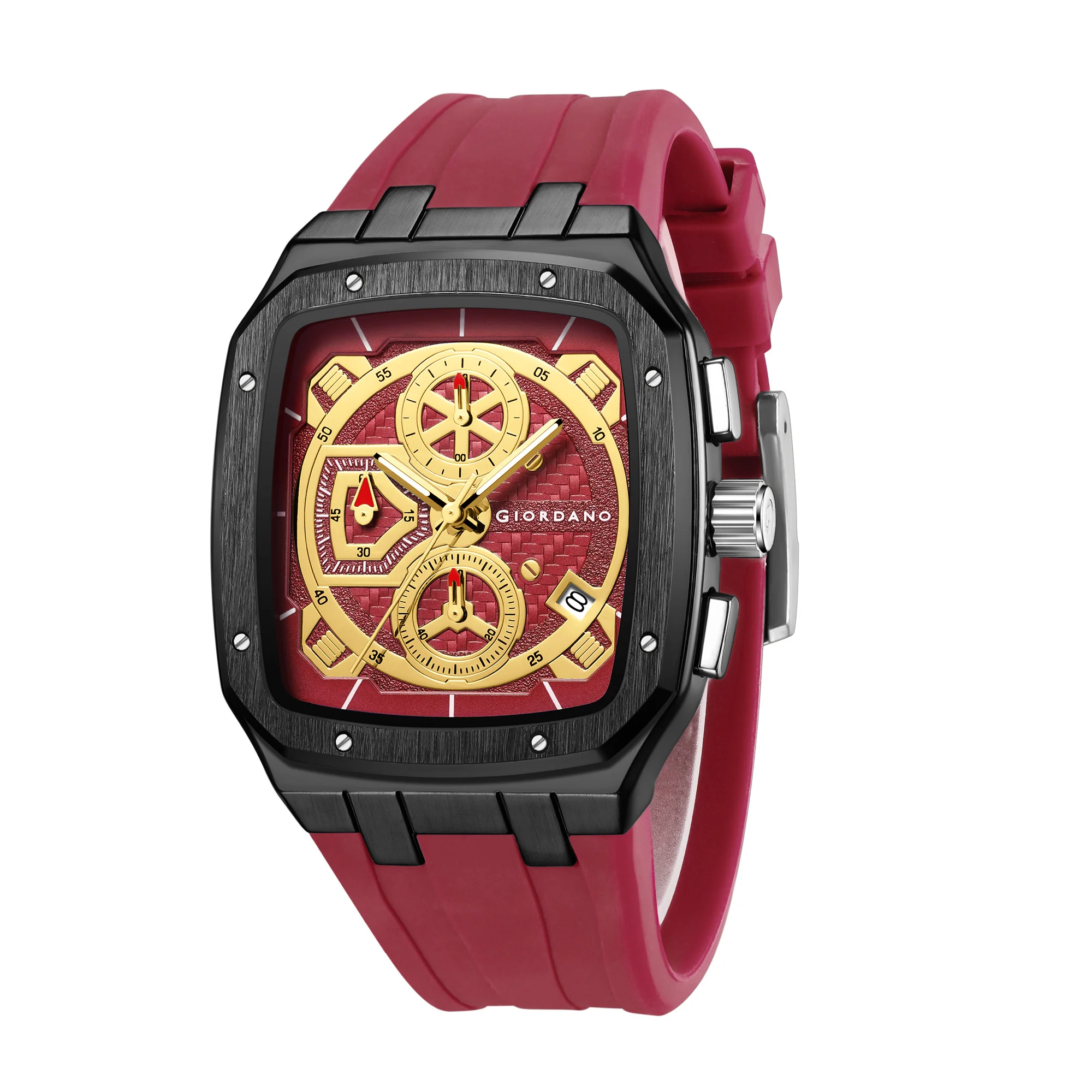 Giordano Analog Watch for Men with Chronograph Subdials, Black Square Case, Date Display, Quartz Movement, Red Silicone Strap GZ-50204-55 - Image 5