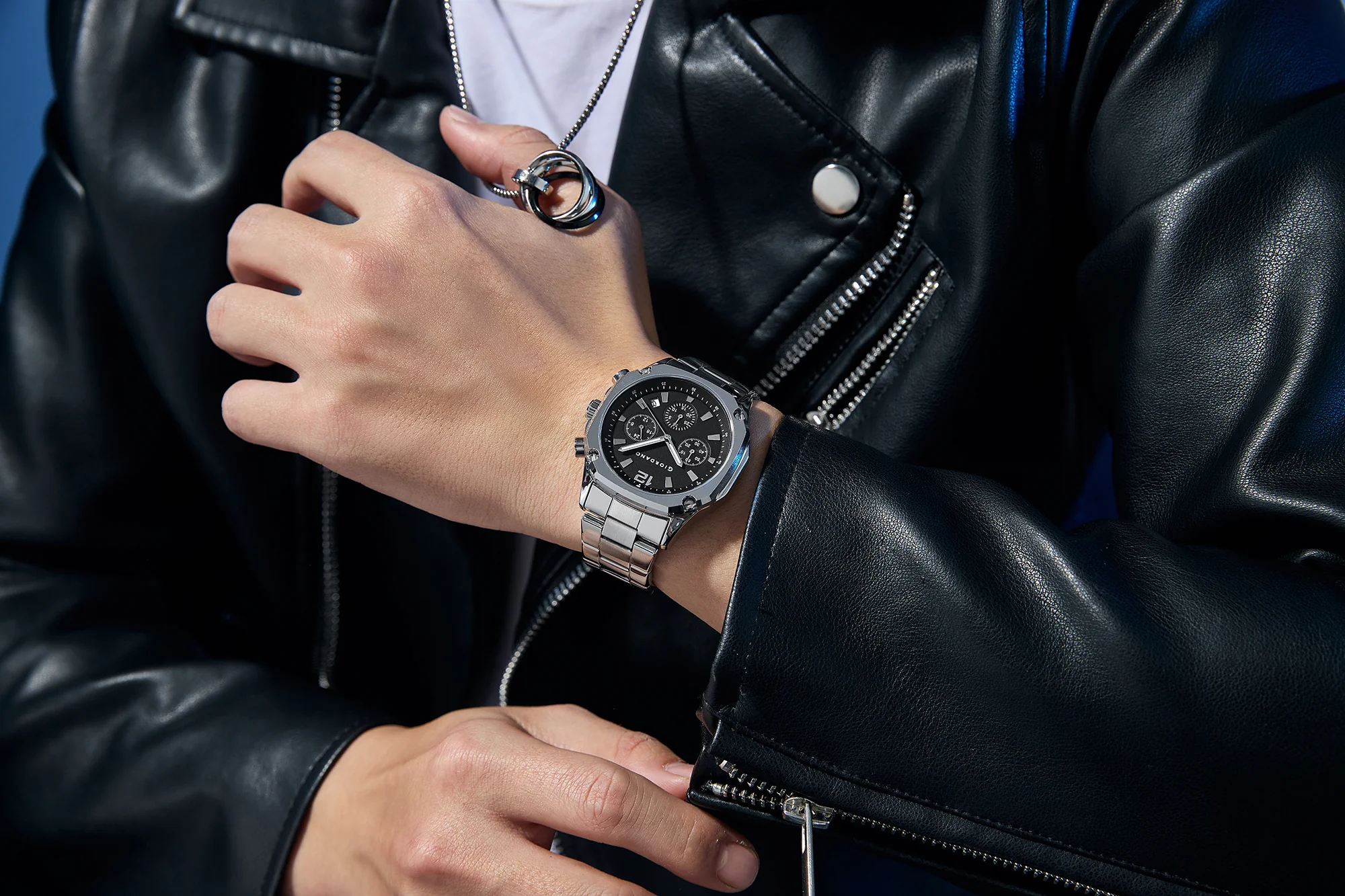 Giordano Analog Watch for Men with Chronograph Subdials, Round Black Dial Date Window, Quartz Movement Silver Stainless Steel Strap GZ-50203-44 - Image 2