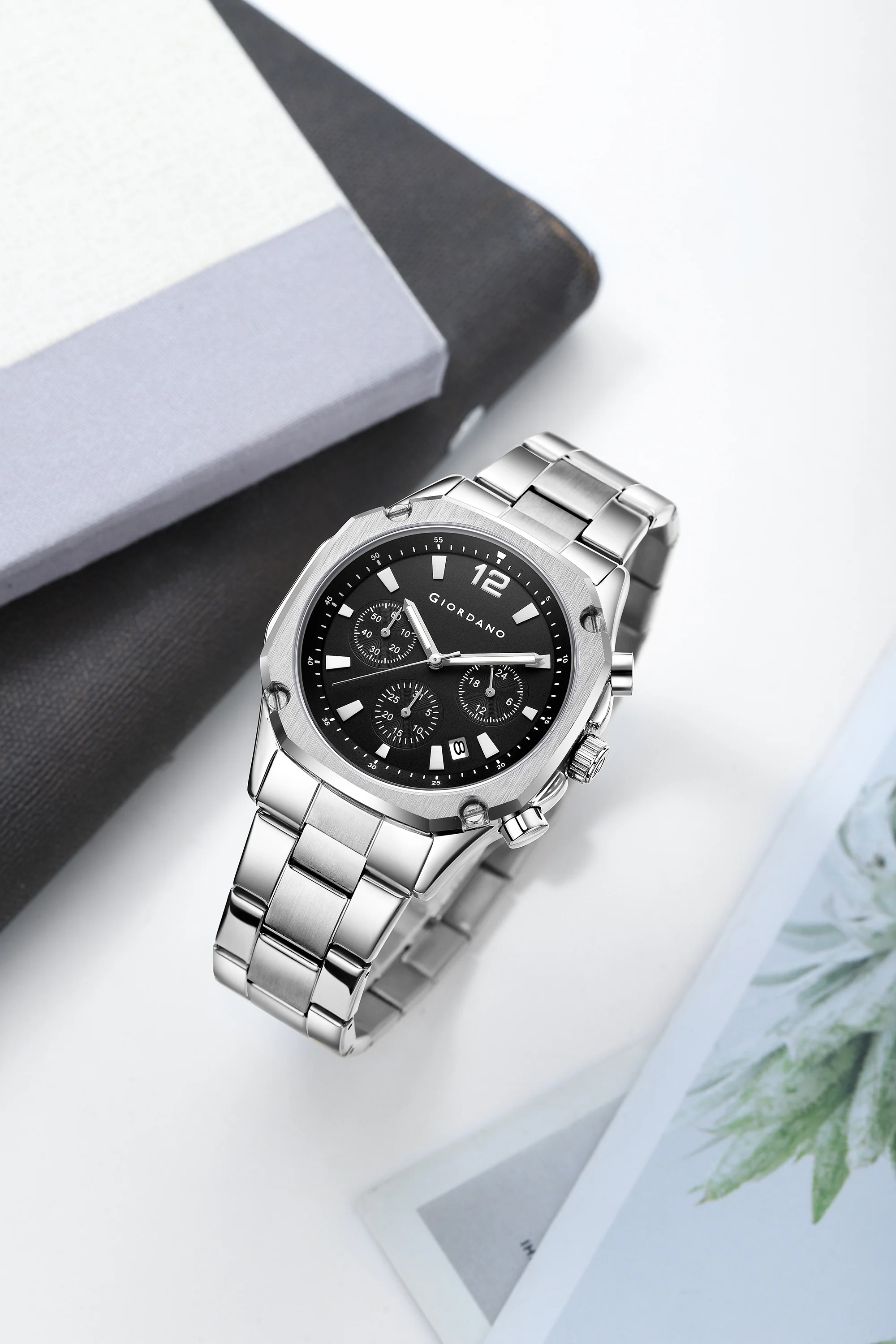 Giordano Analog Watch for Men with Chronograph Subdials, Round Black Dial Date Window, Quartz Movement Silver Stainless Steel Strap GZ-50203-44 - Image 3