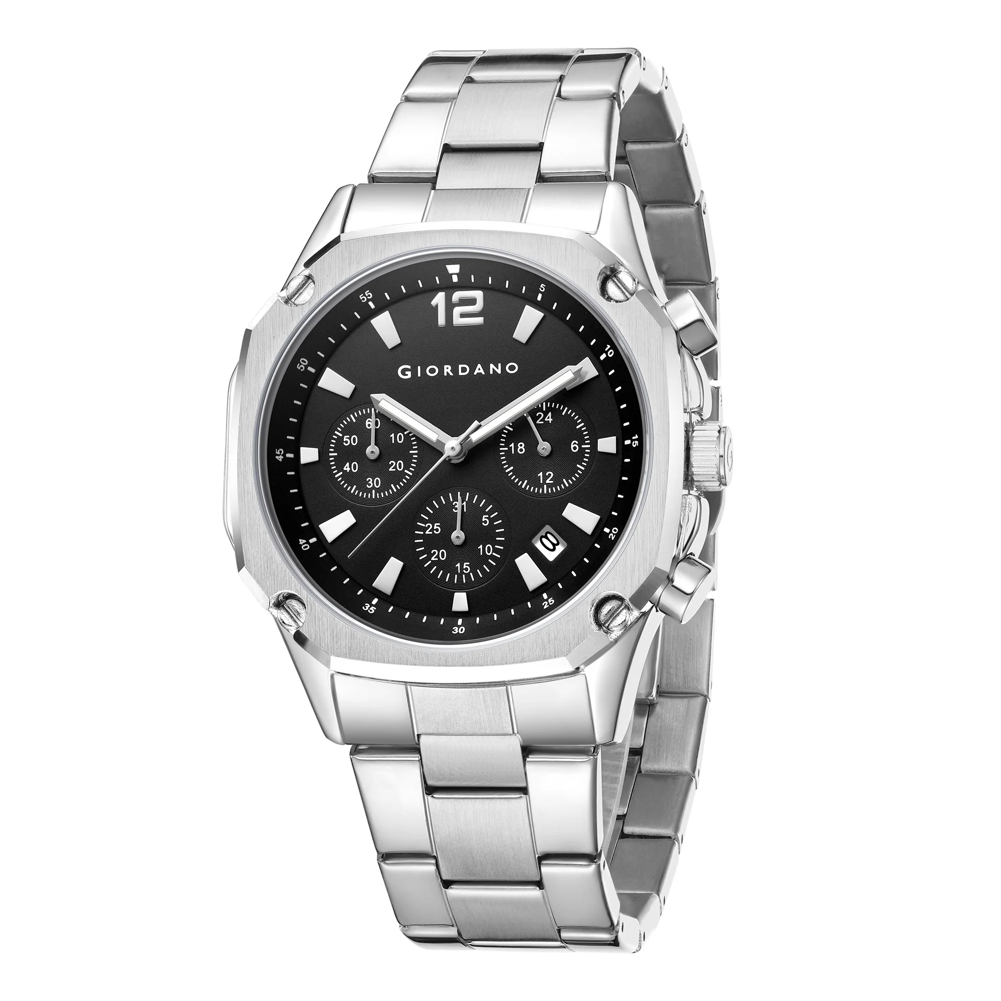 Giordano Analog Watch for Men with Chronograph Subdials, Round Black Dial Date Window, Quartz Movement Silver Stainless Steel Strap GZ-50203-44 - Image 4