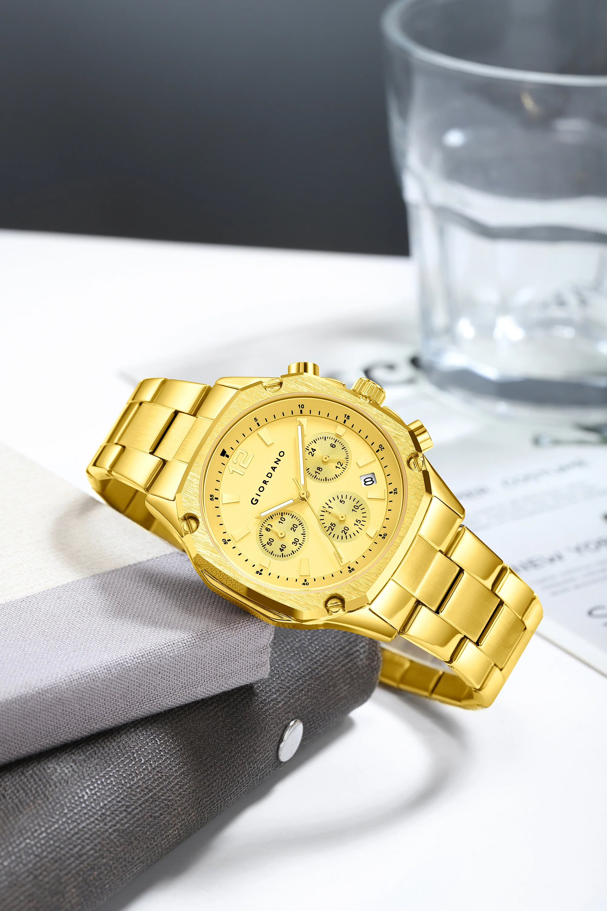Giordano Analog Watch for Men with Chronograph Subdials, Round Gold Dial Date Window, Quartz Movement Silver Stainless Steel Strap GZ-50203-55
