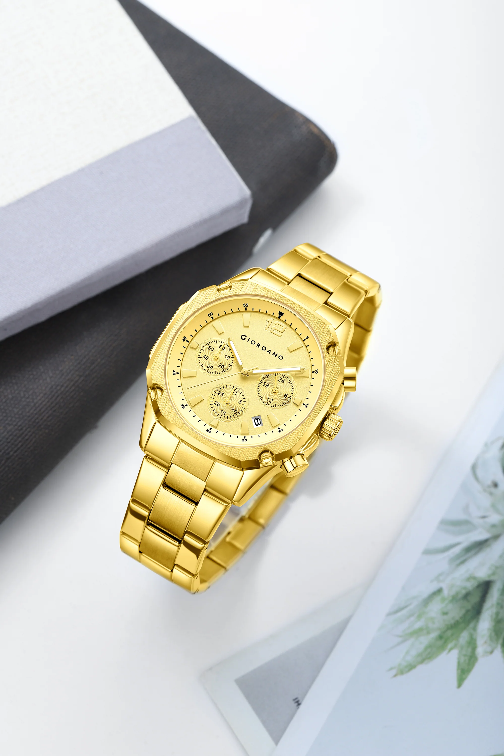 Giordano Analog Watch for Men with Chronograph Subdials, Round Gold Dial Date Window, Quartz Movement Silver Stainless Steel Strap GZ-50203-55 - Image 3