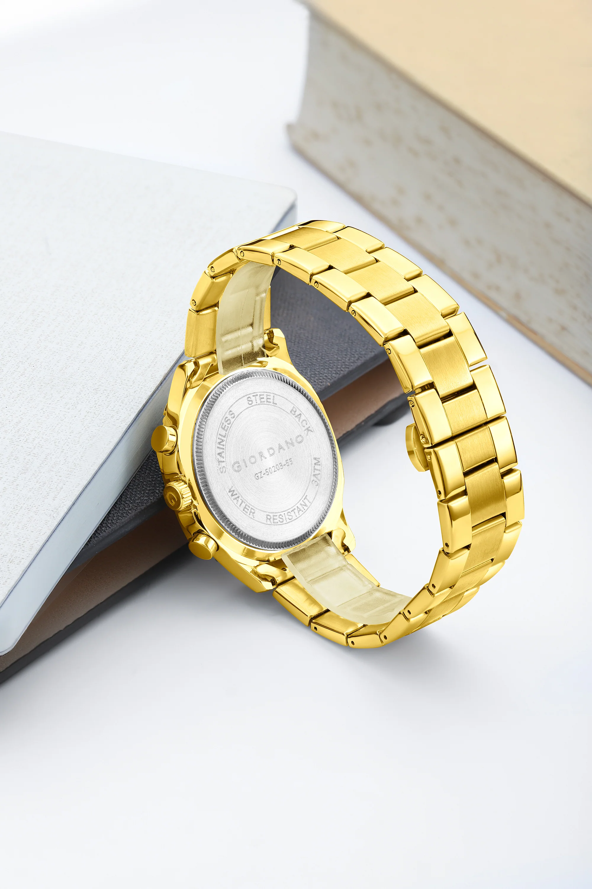 Giordano Analog Watch for Men with Chronograph Subdials, Round Gold Dial Date Window, Quartz Movement Silver Stainless Steel Strap GZ-50203-55 - Image 4