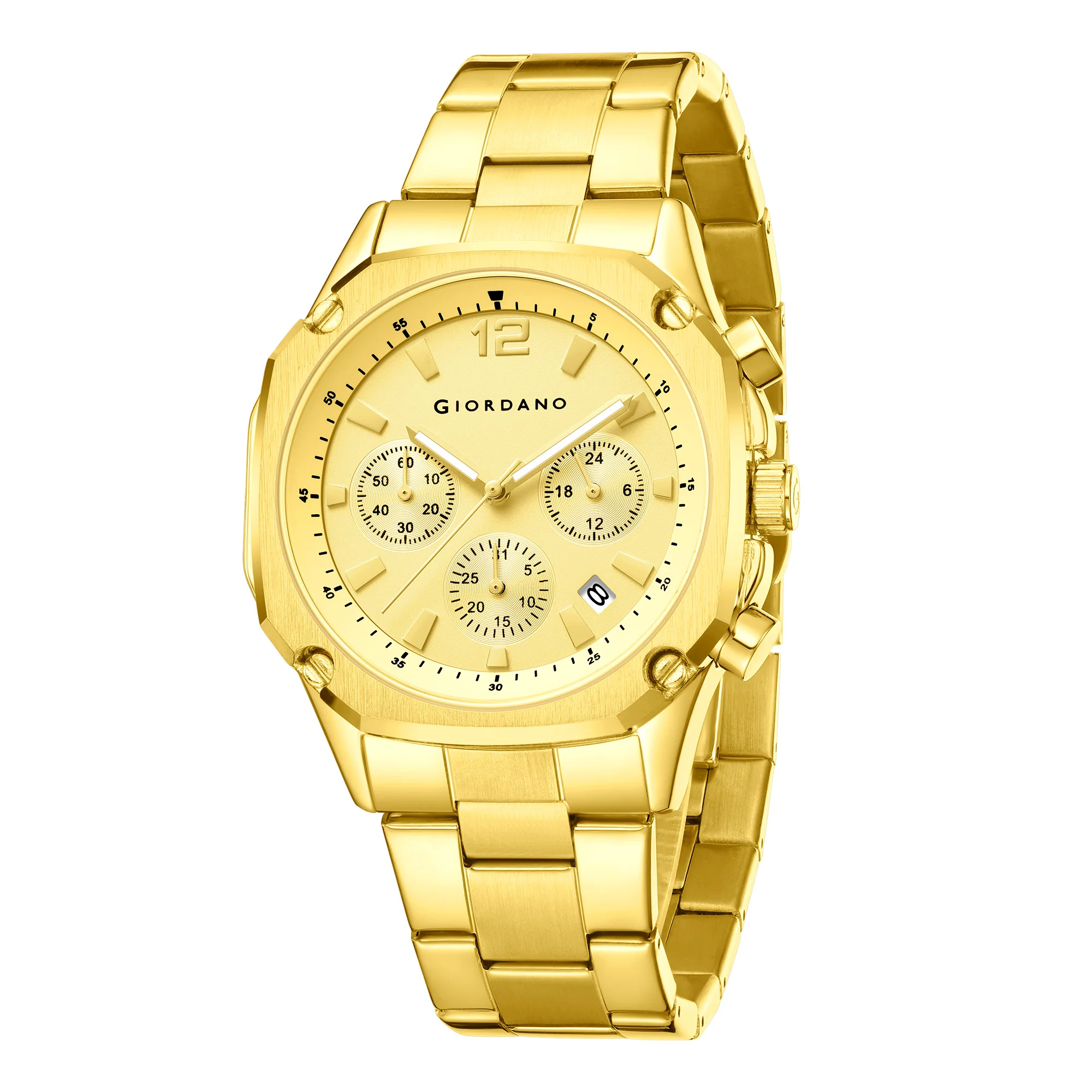 Giordano Analog Watch for Men with Chronograph Subdials, Round Gold Dial Date Window, Quartz Movement Silver Stainless Steel Strap GZ-50203-55 - Image 5