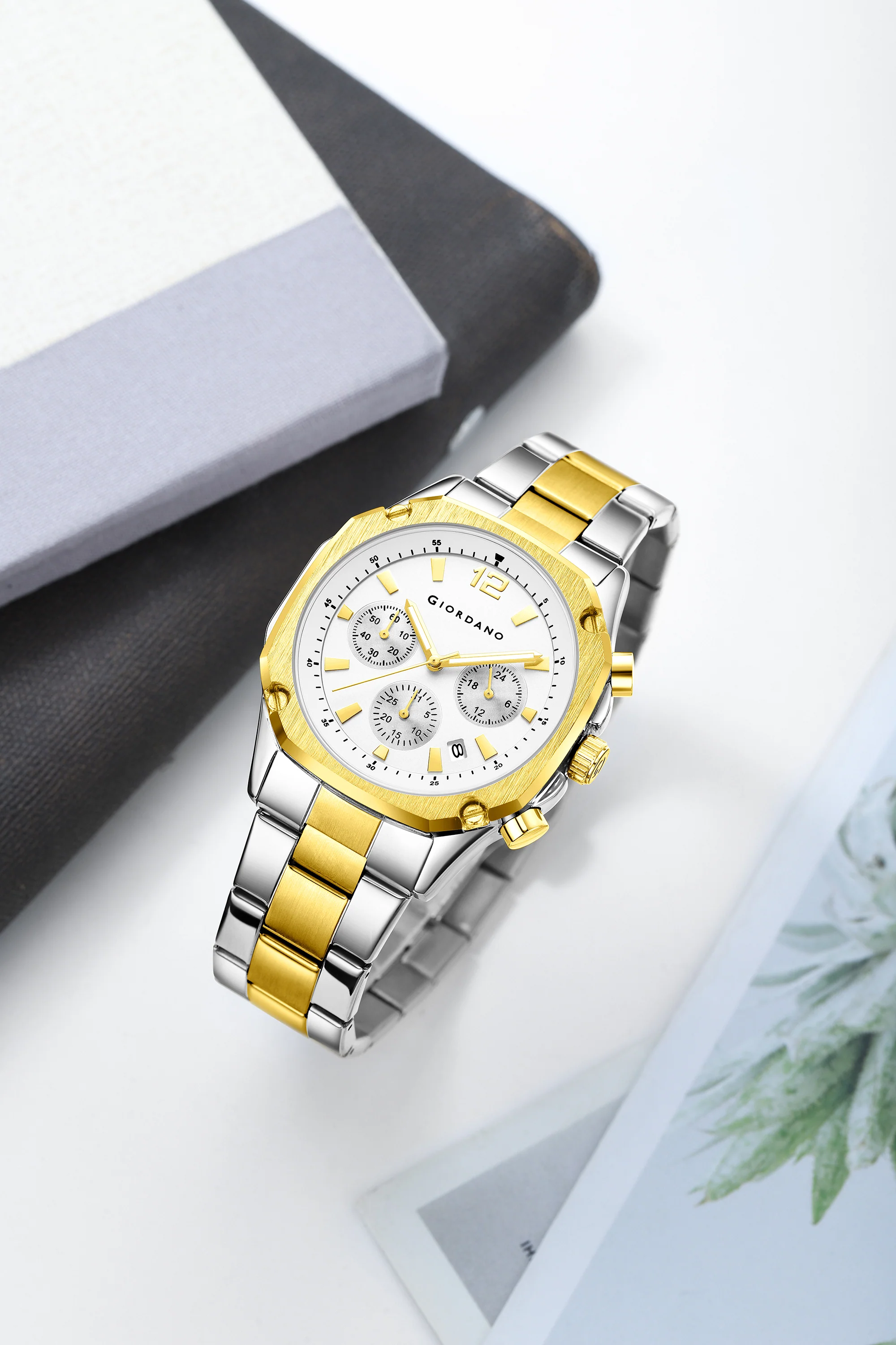 Giordano Analog Watch for Men with Chronograph Subdials, Round White Dial Date Window, Quartz Movement Silver Stainless Steel Strap GZ-50203-33 - Image 3
