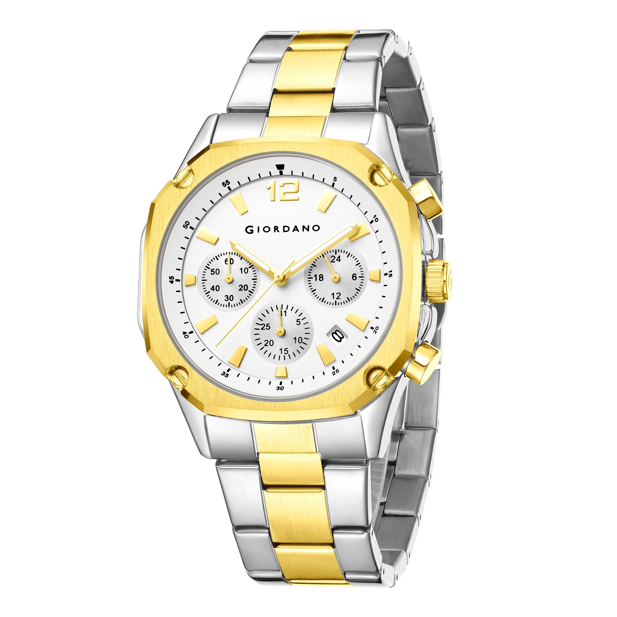 Giordano Analog Watch for Men with Chronograph Subdials, Round White Dial Date Window, Quartz Movement Silver Stainless Steel Strap GZ-50203-33 - Image 5