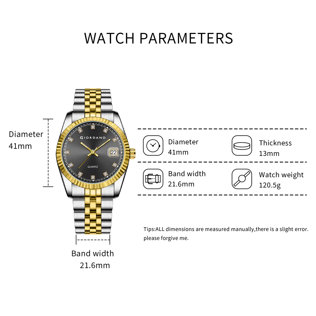 Giordano analog Watch for men with Dual-Tone Stainless Steel strap , Quartz Movement, Date Window, Diamond-Style Indices -GZ-50133-11 - Image 4