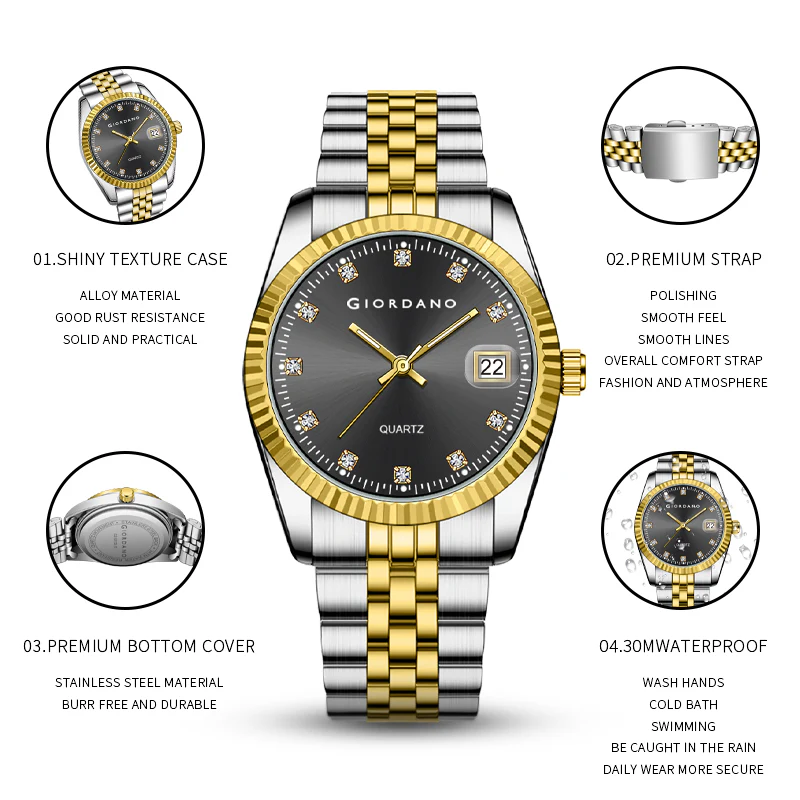 Giordano analog Watch for men with Dual-Tone Stainless Steel strap , Quartz Movement, Date Window, Diamond-Style Indices -GZ-50133-11 - Image 5