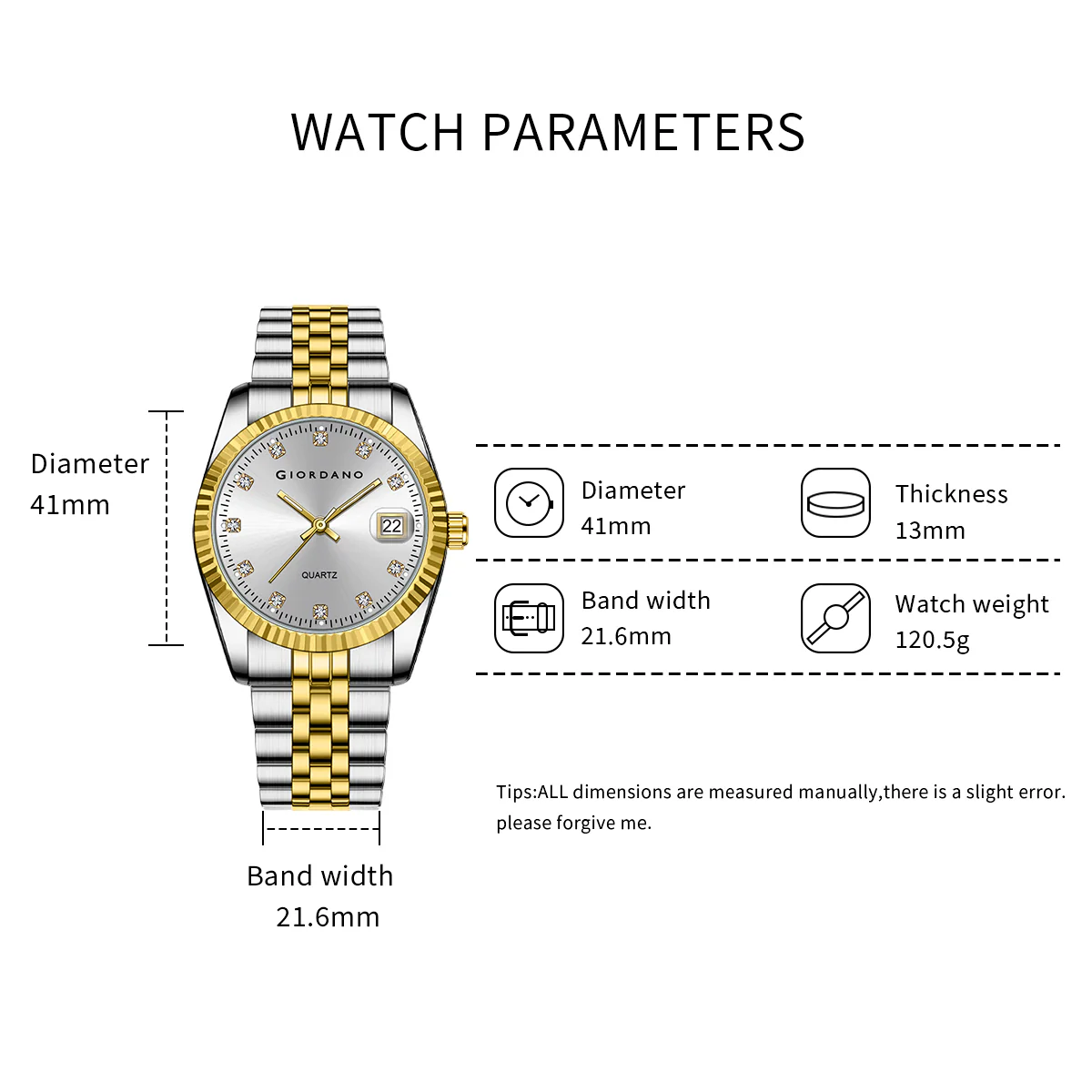 Giordano analog Watch for men with Dual-Tone Stainless Steel strap , Quartz Movement, Date Window, Diamond-Style Indices -GZ-50133-22 - Image 5