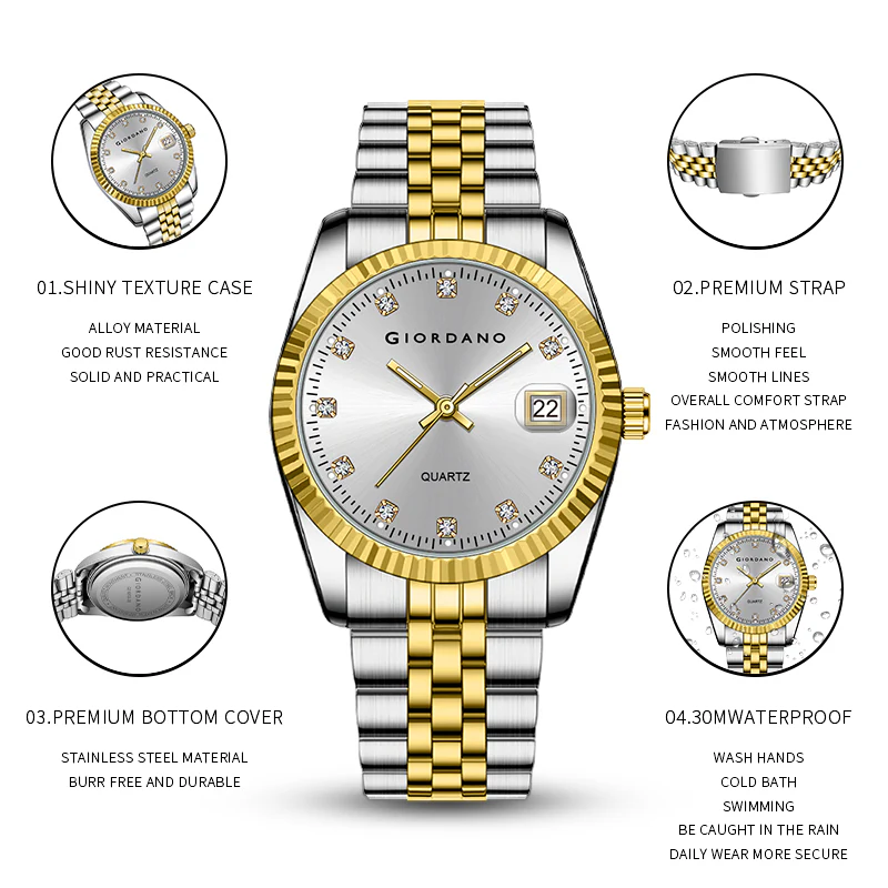 Giordano analog Watch for men with Dual-Tone Stainless Steel strap , Quartz Movement, Date Window, Diamond-Style Indices -GZ-50133-22 - Image 6