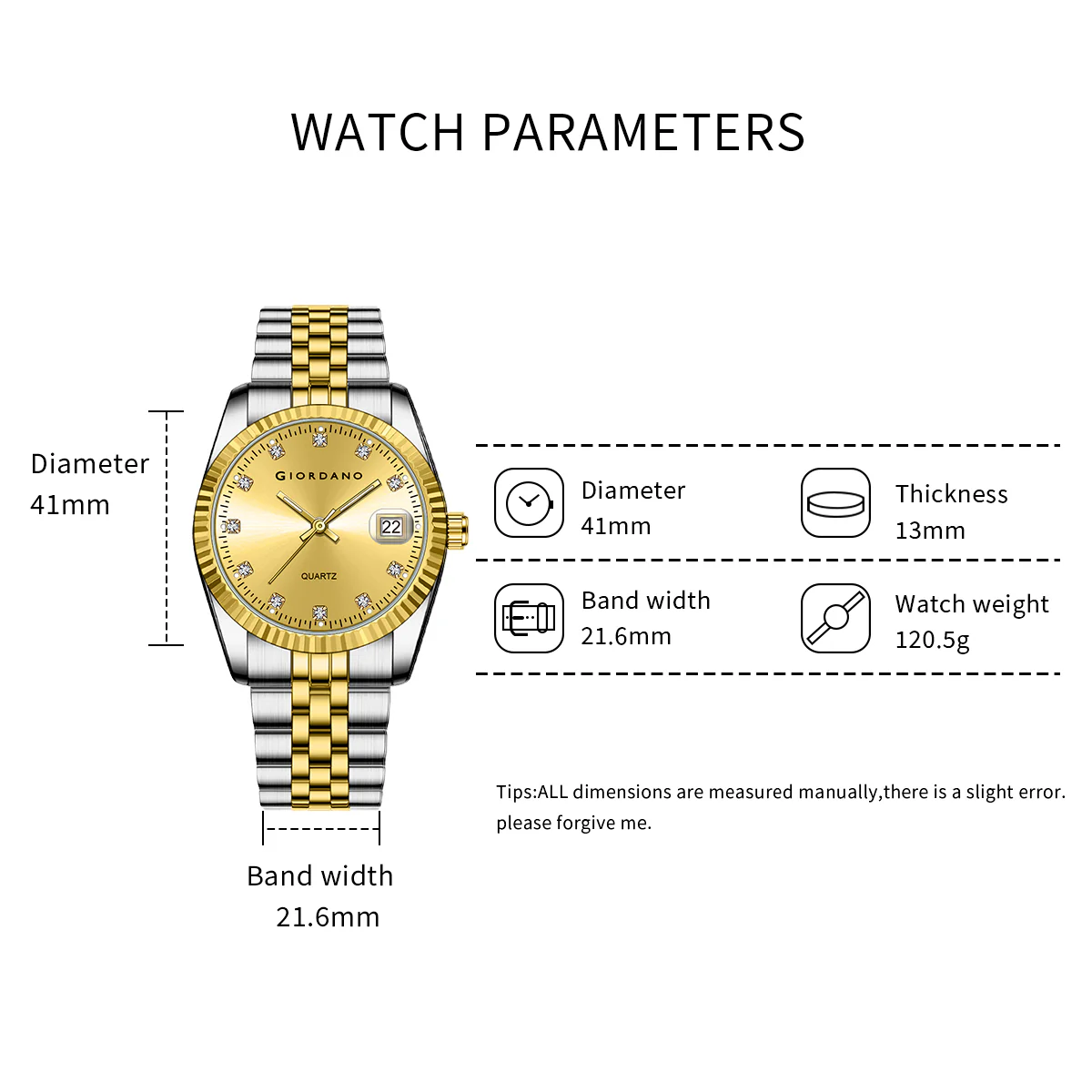 Giordano analog Watch for men with Dual-Tone Stainless Steel strap , Quartz Movement, Date Window, Diamond-Style Indices -GZ-50133-33 - Image 6