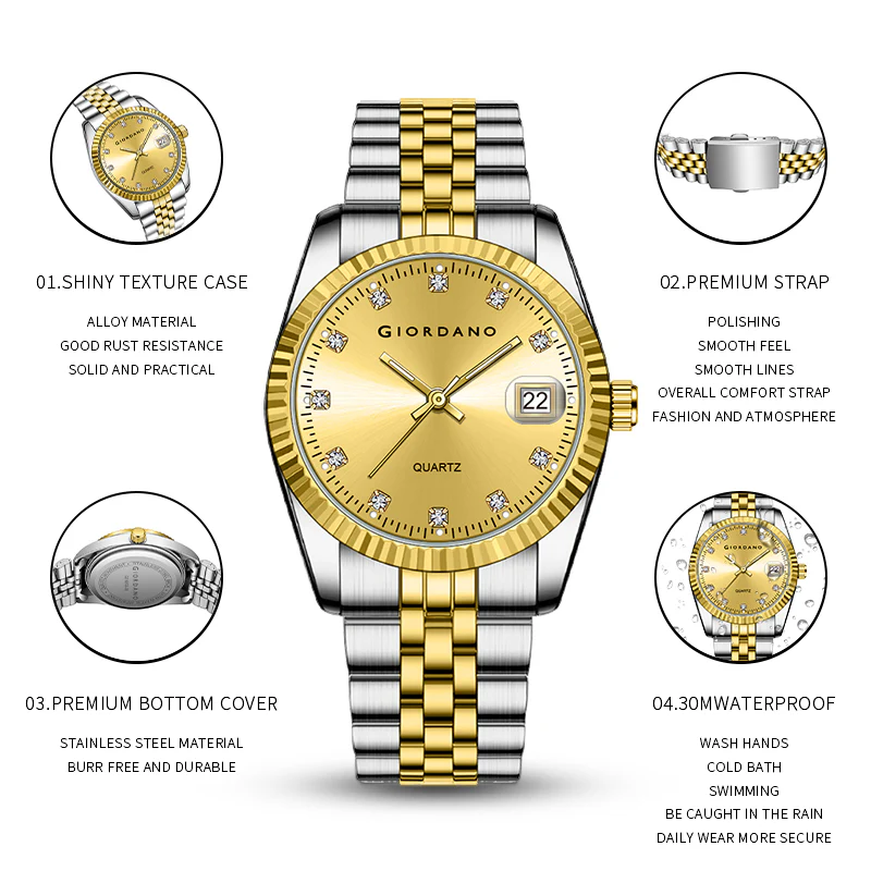 Giordano analog Watch for men with Dual-Tone Stainless Steel strap , Quartz Movement, Date Window, Diamond-Style Indices -GZ-50133-33 - Image 7