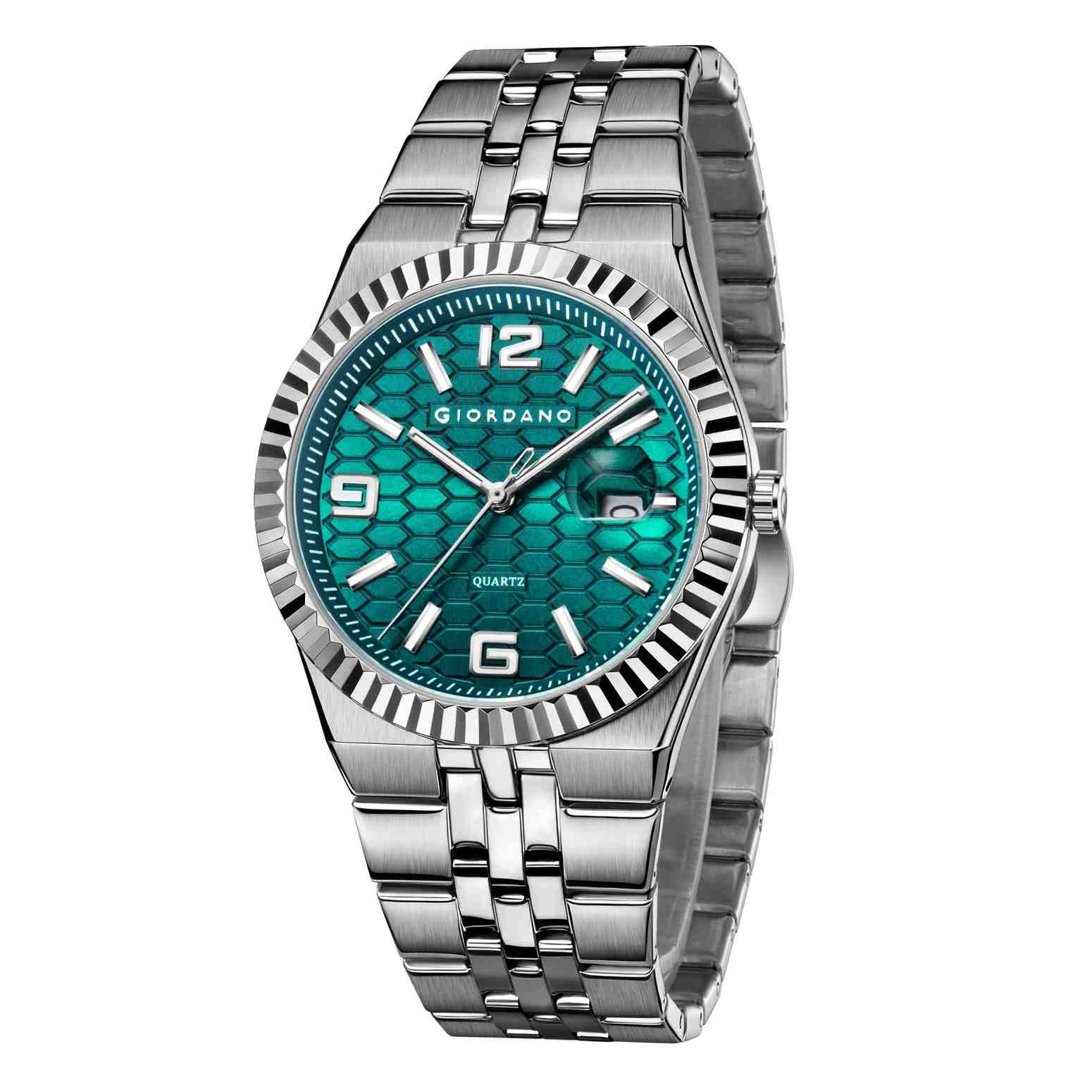 GIORDANO Analog Watch for Men with Honeycomb Dial, Fluted Bezel, Stainless Steel Strap, Date Window & Luminous Hour Markers - GZ-50172-11 - Image 6