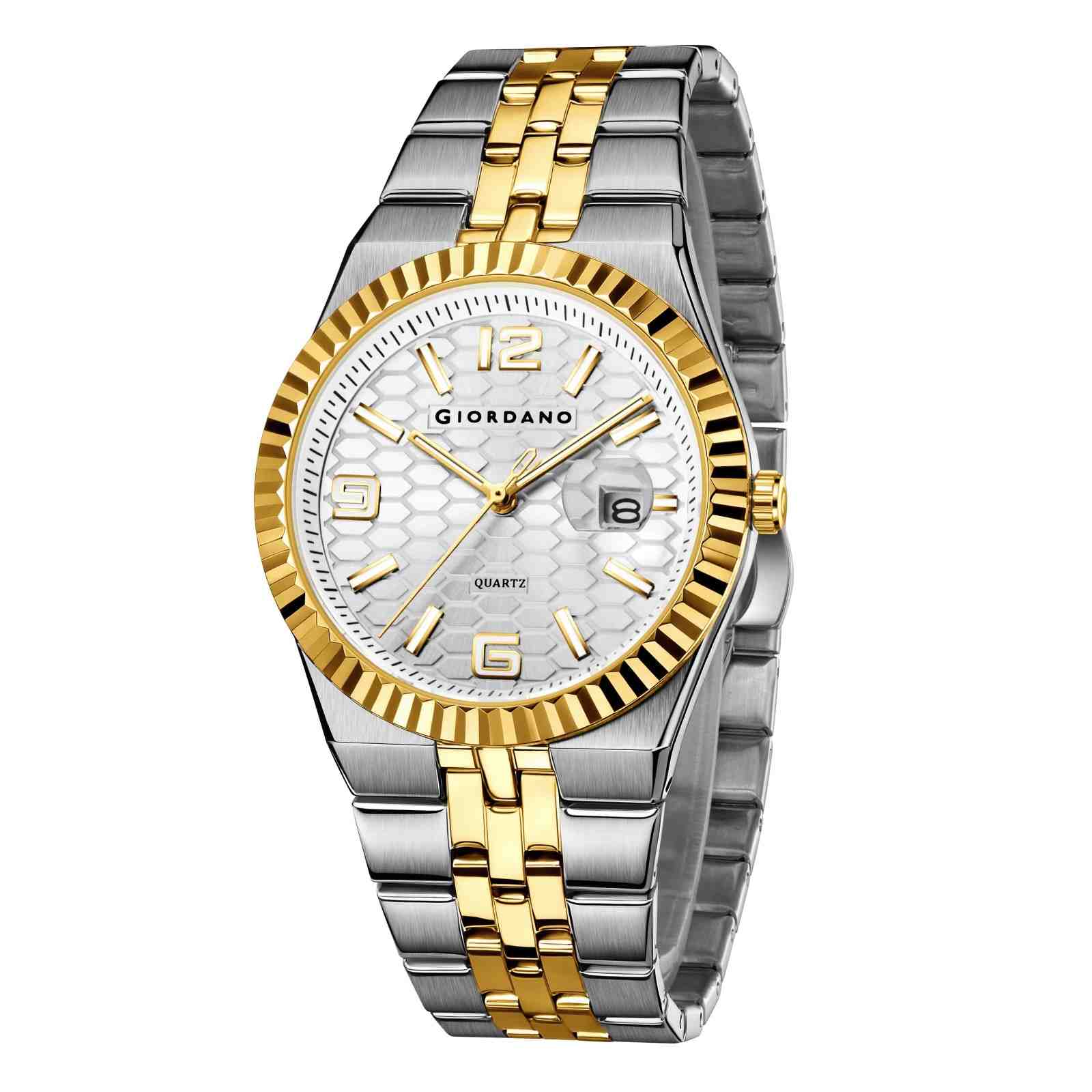 GIORDANO Analog Watch for Men with Honeycomb Dial, Fluted Bezel, Stainless Steel Strap, Date Window & Luminous Hour Markers - GZ-50172-22 - Image 6