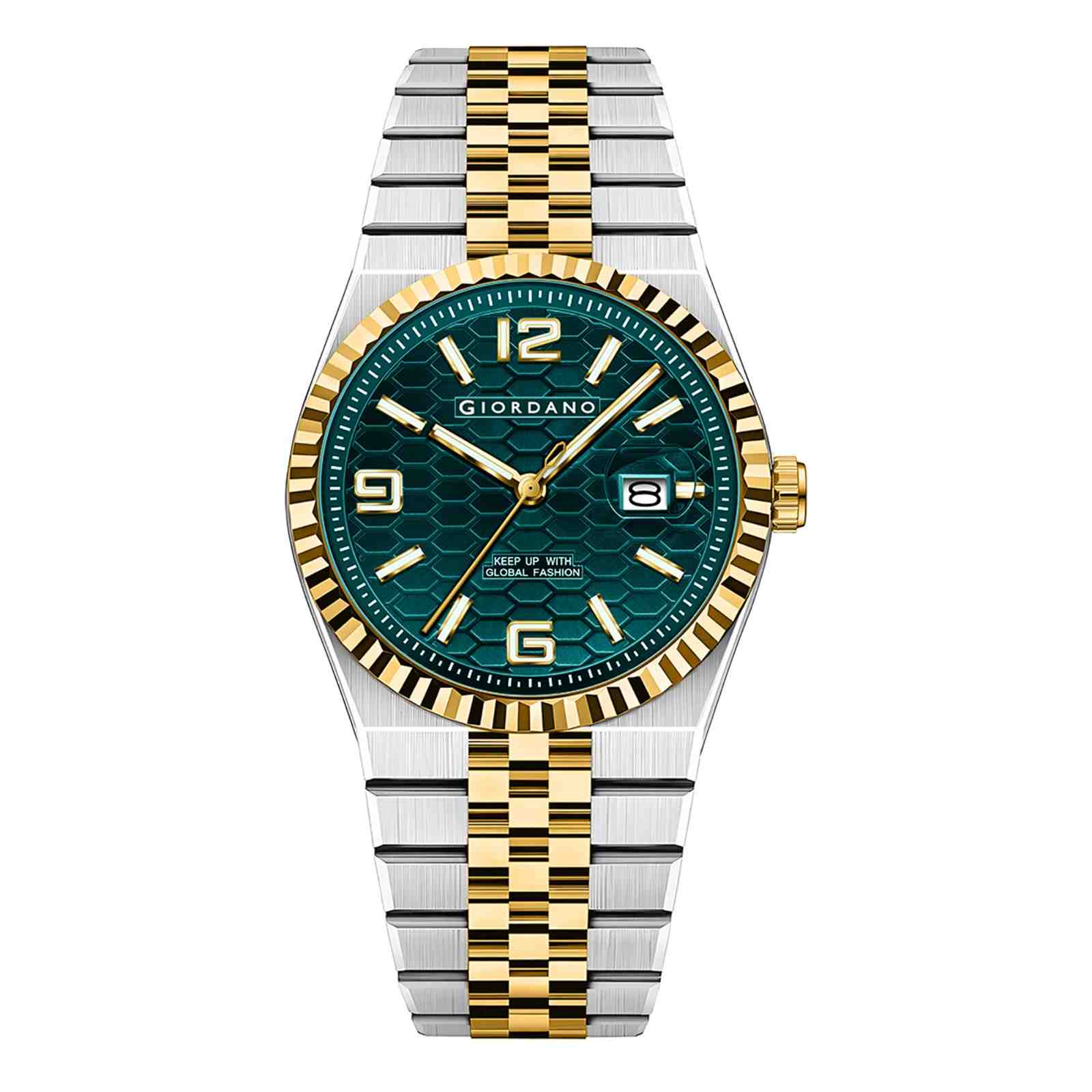 GIORDANO Analog Watch for Men with Honeycomb Dial, Fluted Bezel, Stainless Steel Strap, Date Window & Luminous Hour Markers - GZ-50172-33 - Image 5