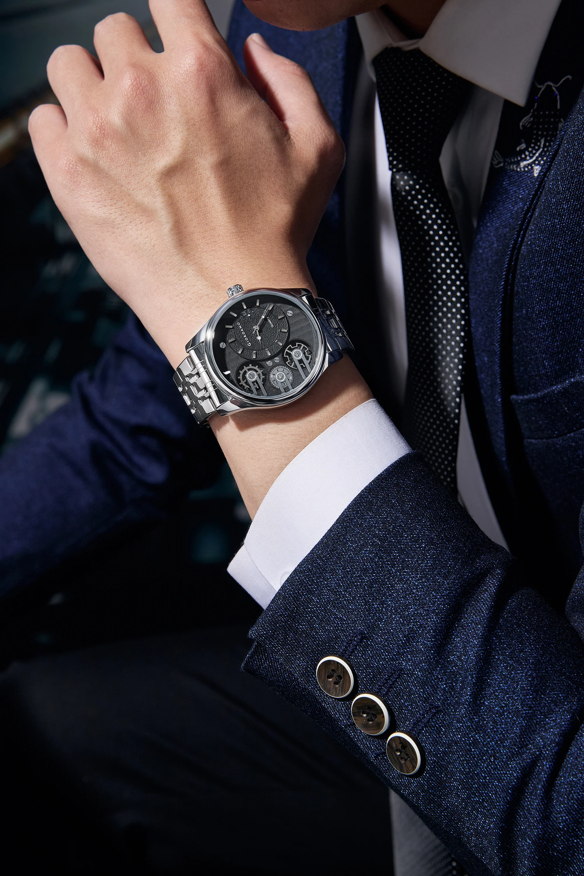 Giordano Analog Watch for Men with Round Black Dial, Gear-Inspired Design, Date Display & Stainless Steel Strap GZ-50222-11 - Image 2