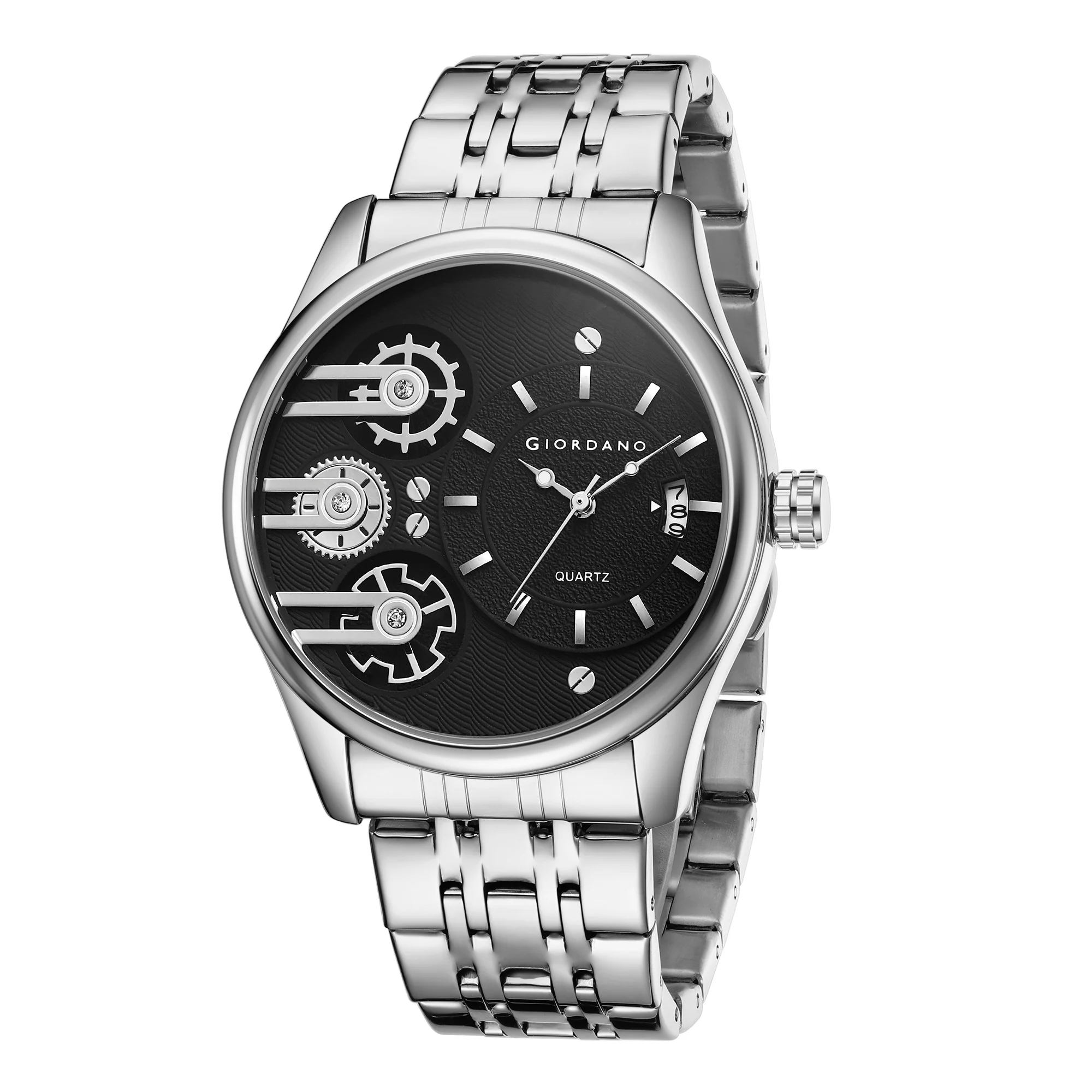 Giordano Analog Watch for Men with Round Black Dial, Gear-Inspired Design, Date Display & Stainless Steel Strap GZ-50222-11 - Image 5