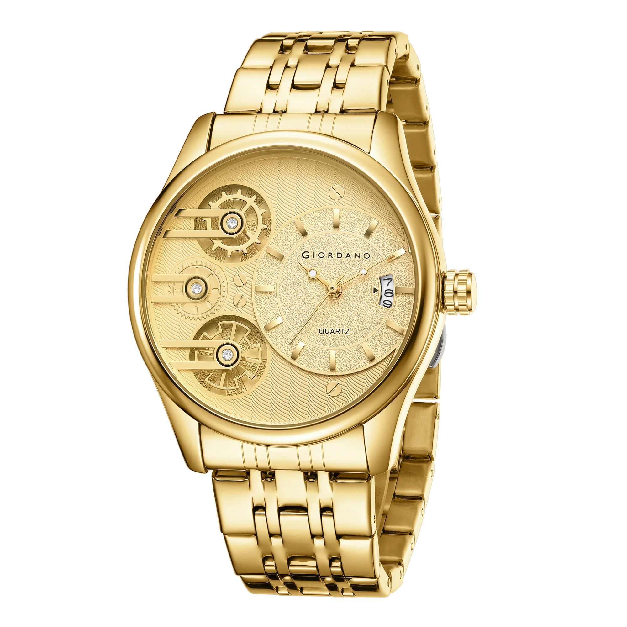 Giordano Analog Watch for Men with Round Gold Dial, Gear-Inspired Design, Date Display & Stainless Steel Strap GZ-50222-44 - Image 5