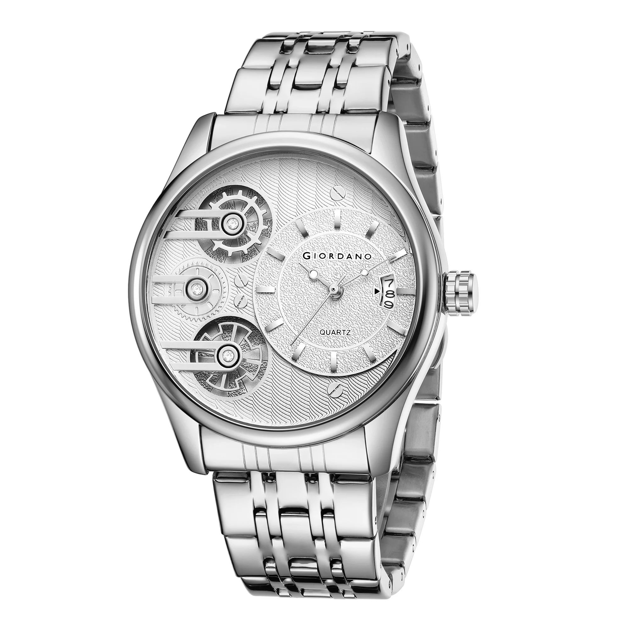 Giordano Analog Watch for Men with Round White Dial, Gear-Inspired Design, Date Display & Stainless Steel Strap GZ-50222-22 - Image 4