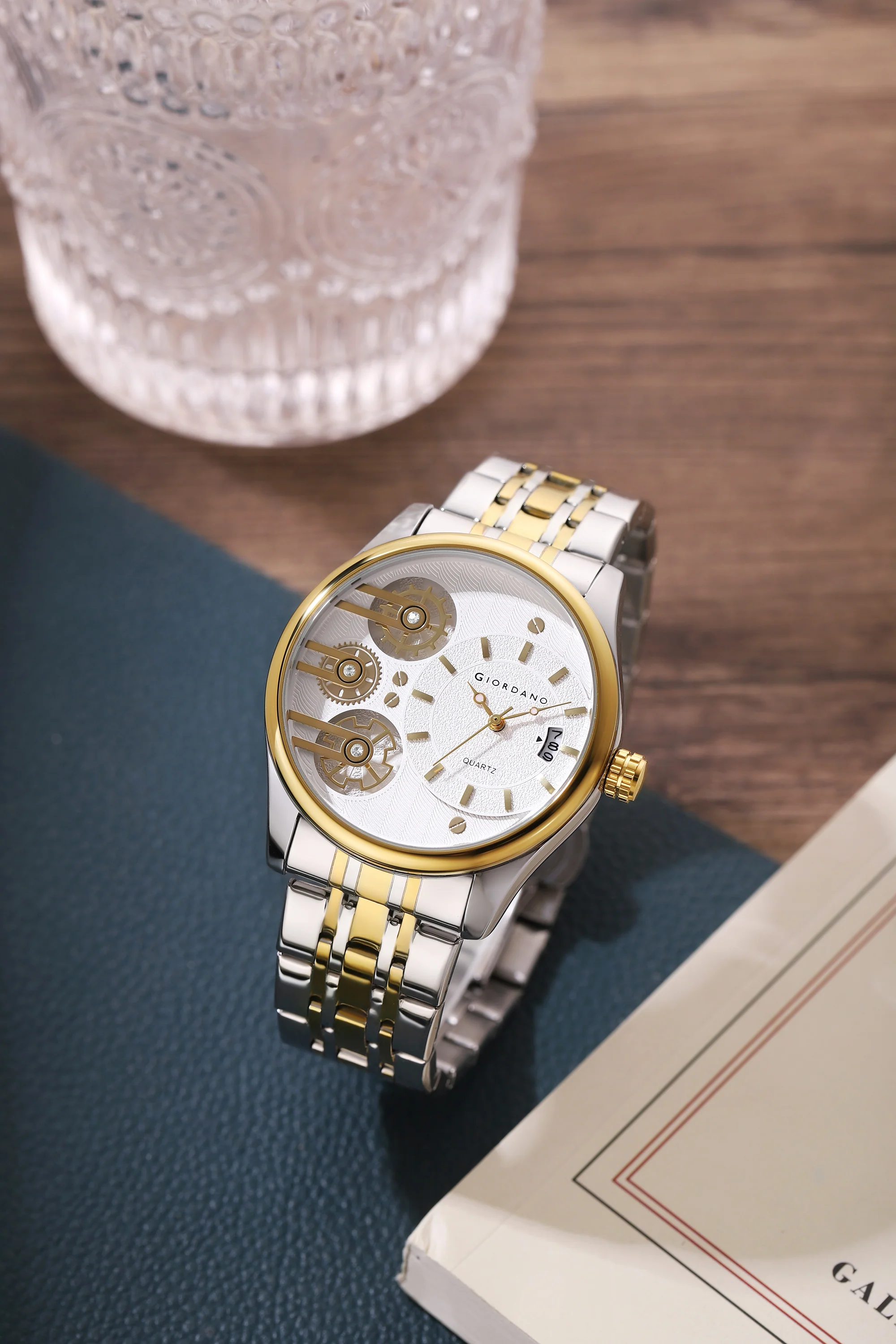 Giordano Analog Watch for Men with Round White Dial, Gear-Inspired Design, Date Display & Stainless Steel Strap GZ-50222-33