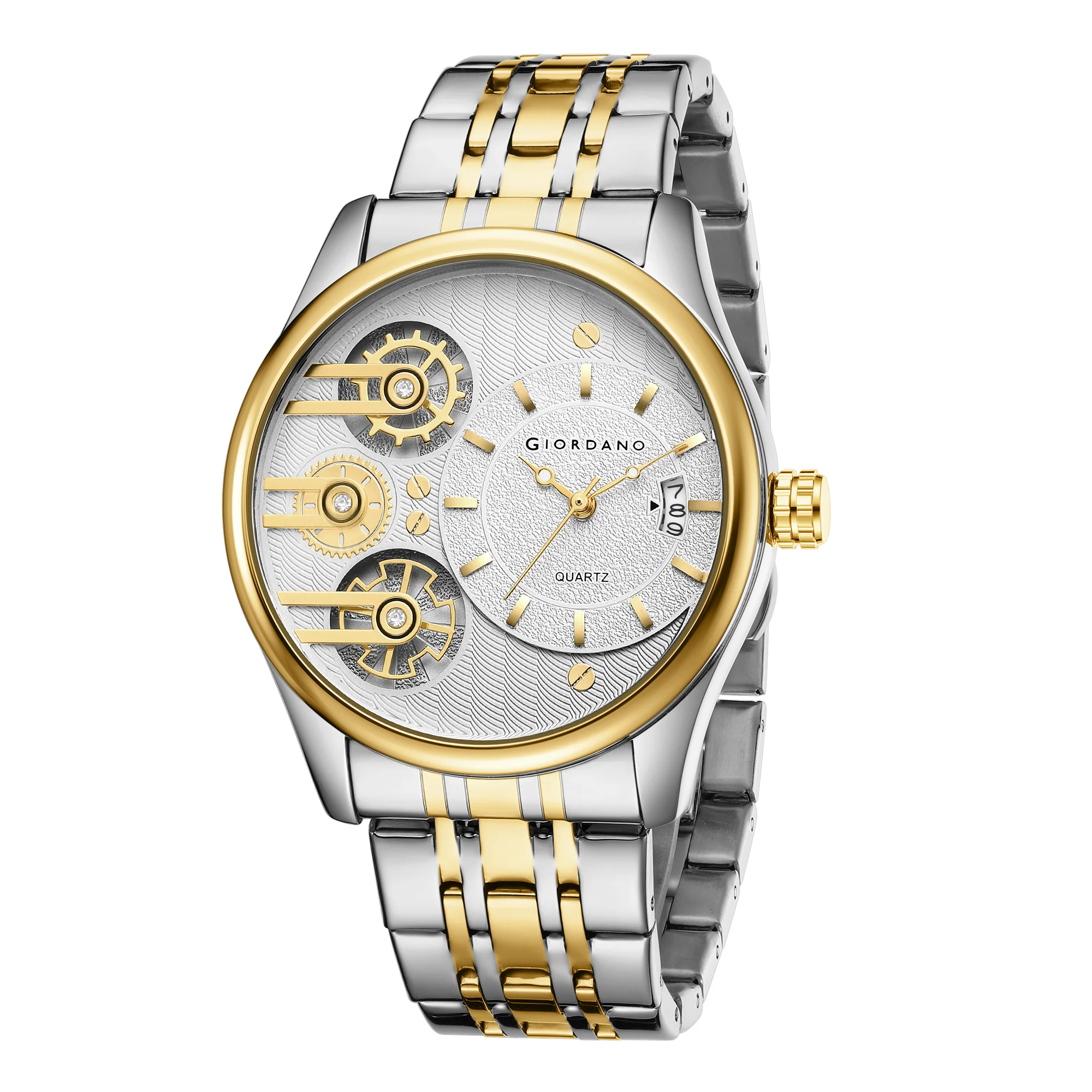 Giordano Analog Watch for Men with Round White Dial, Gear-Inspired Design, Date Display & Stainless Steel Strap GZ-50222-33 - Image 5
