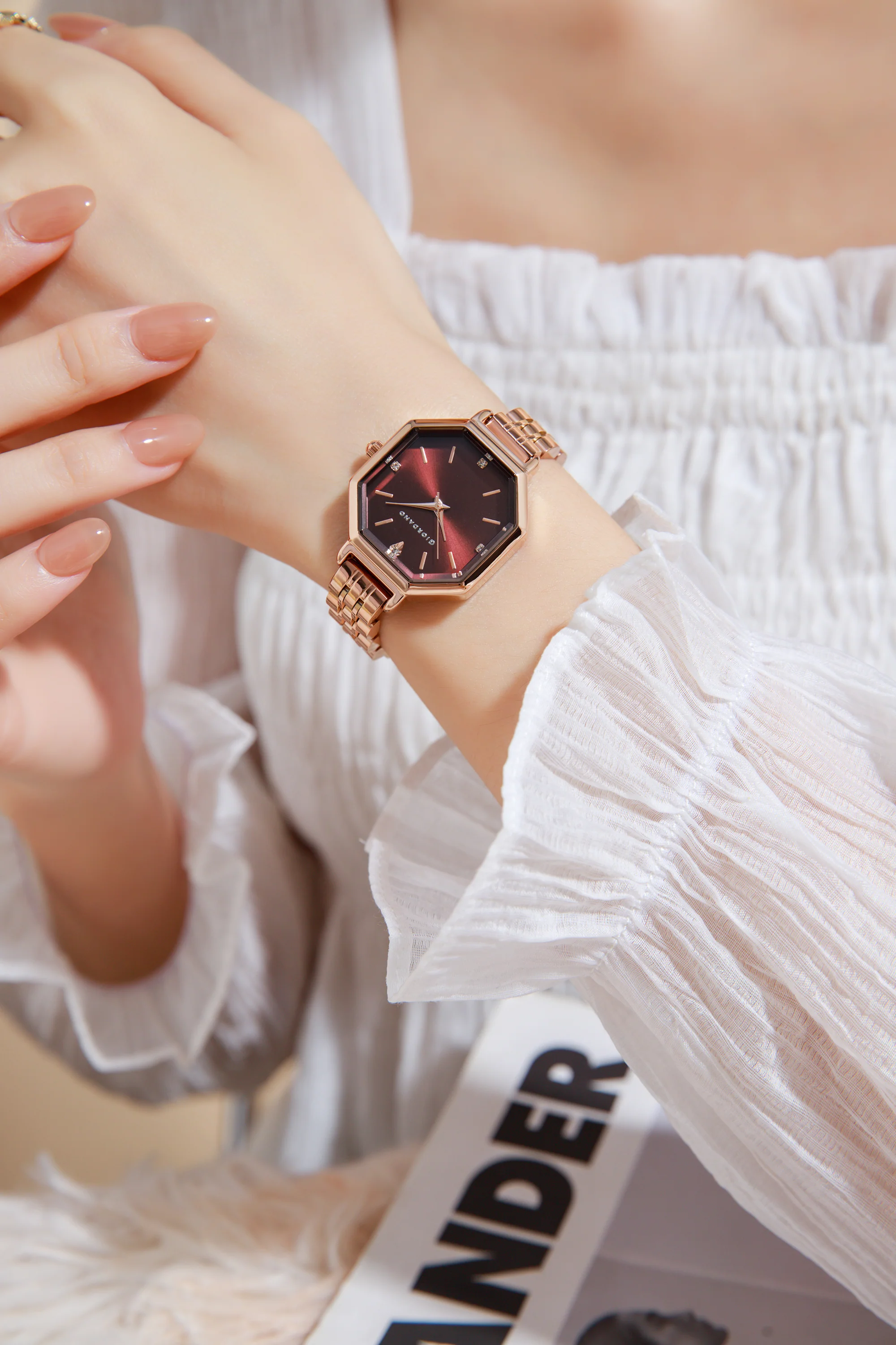 Giordano Analog Watch for Women – Classic octagonal gloss finish Dial with rose gold stainless steel strap | GZ-60113-11 - Image 2
