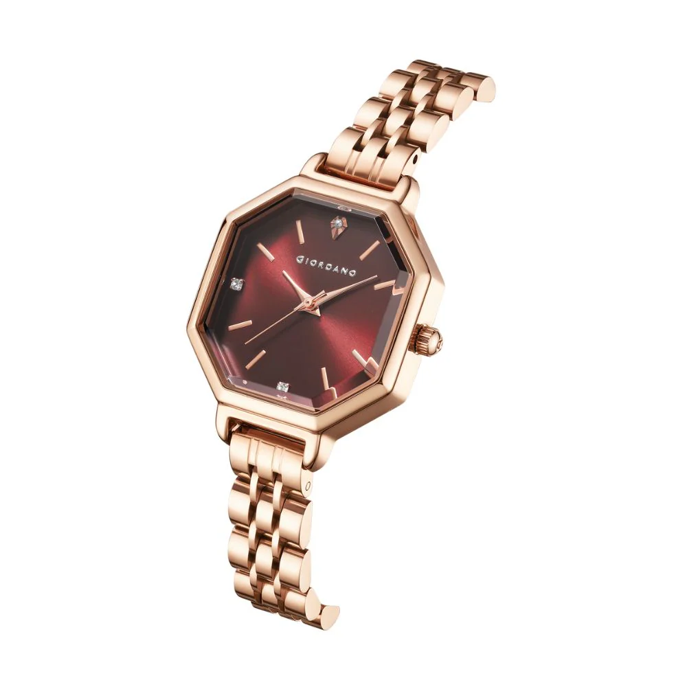 Giordano Analog Watch for Women – Classic octagonal gloss finish Dial with rose gold stainless steel strap | GZ-60113-11 - Image 6