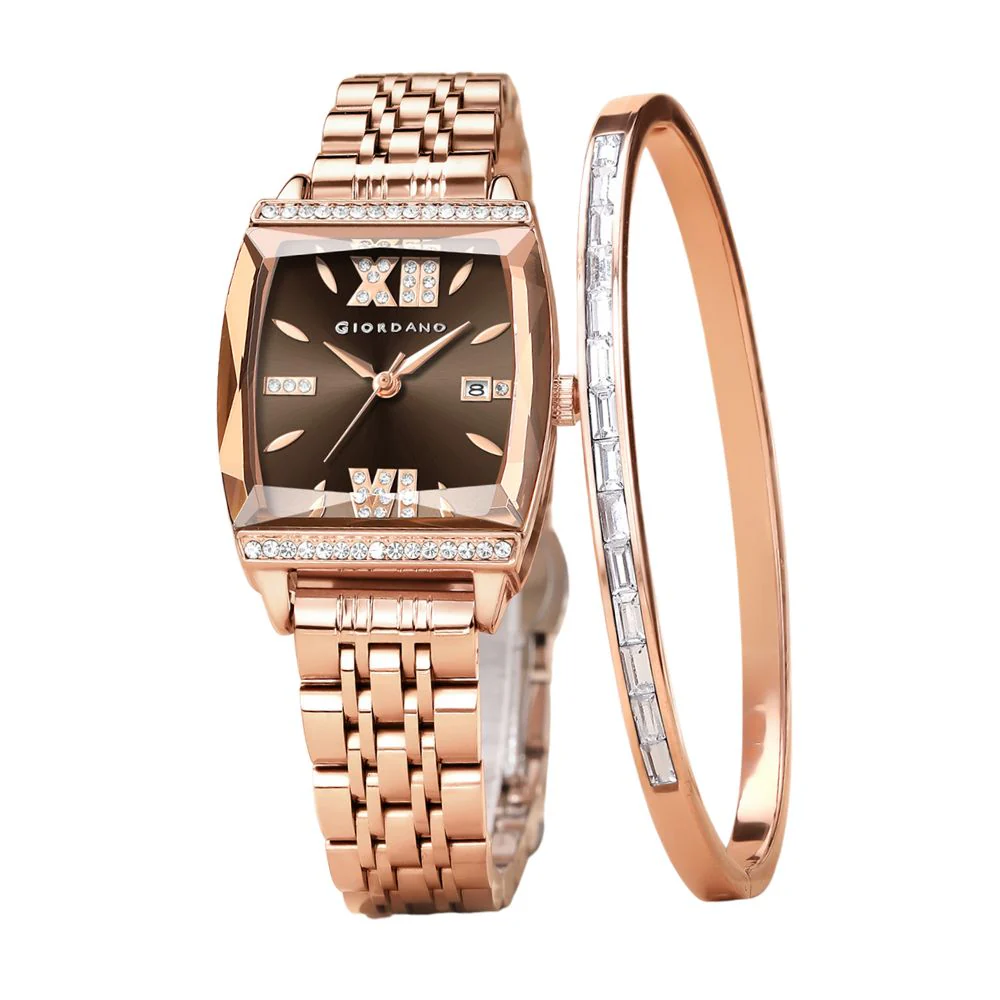 Giordano Analog Watch for Women – Elegant Square Cut-Glass Dial, Crystal Roman Numerals, Stainless Steel Strap – Stylish Luxury Timepiece & Gift | GZ-60117-22 - Image 5