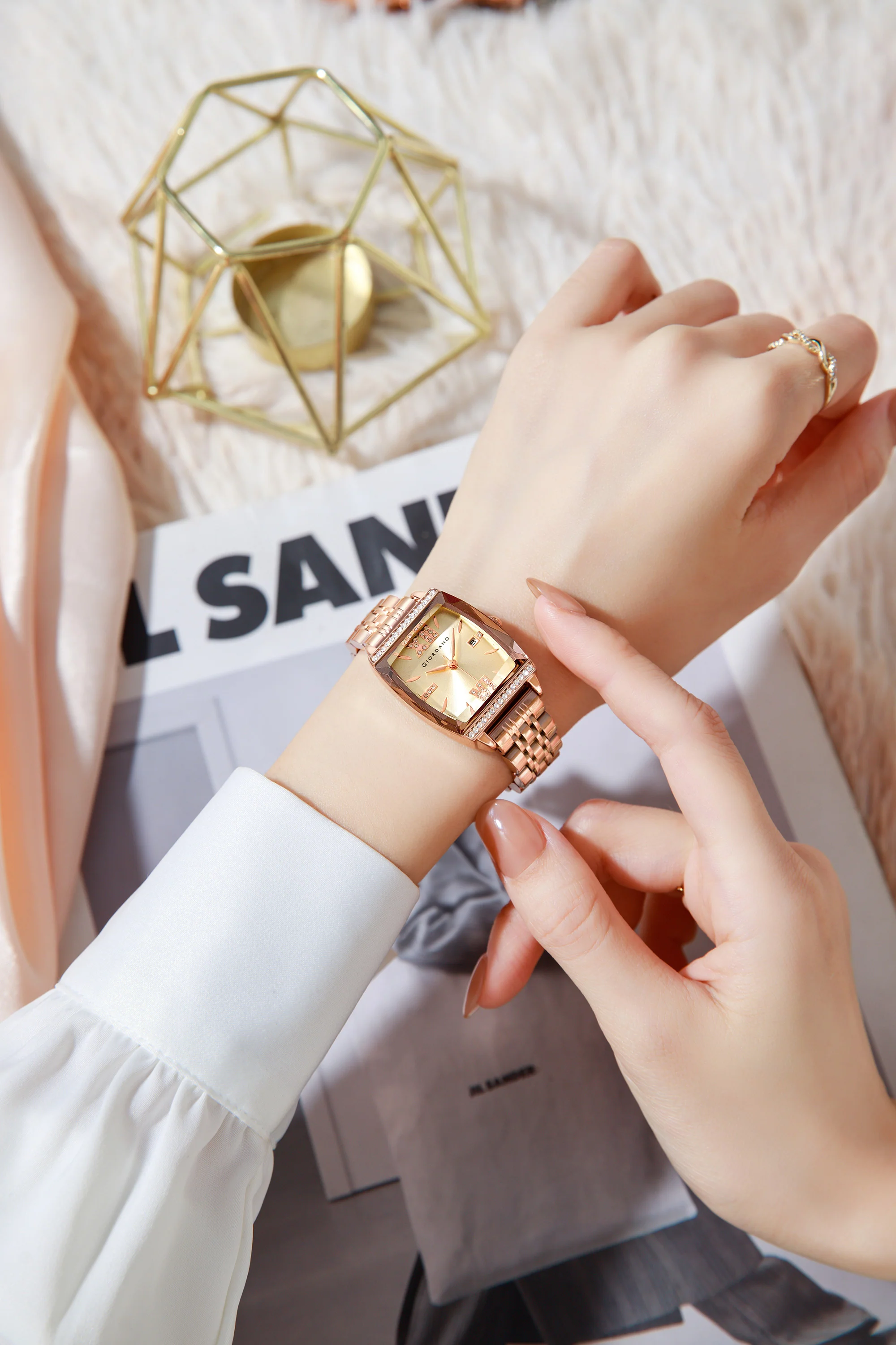 Giordano Analog Watch for Women – Elegant Square Cut-Glass Dial, Crystal Roman Numerals, Stainless Steel Strap – Stylish Luxury Timepiece & Gift | GZ-60117-44 - Image 2