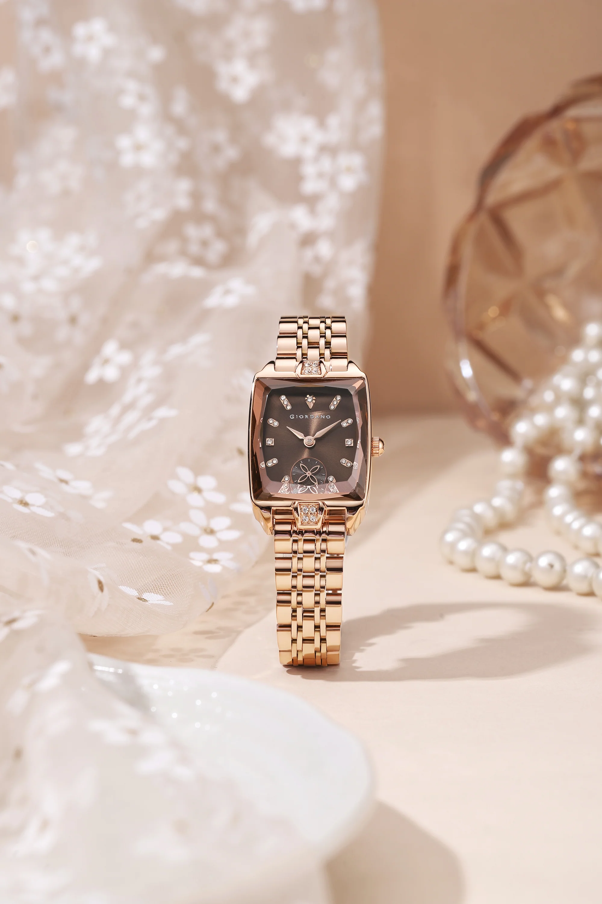Giordano Analog Watch For Women - Rectangular Dial, Crystal Hour Markers And Rose Gold Stainless Steel Strap GZ-60102-11 - Image 3