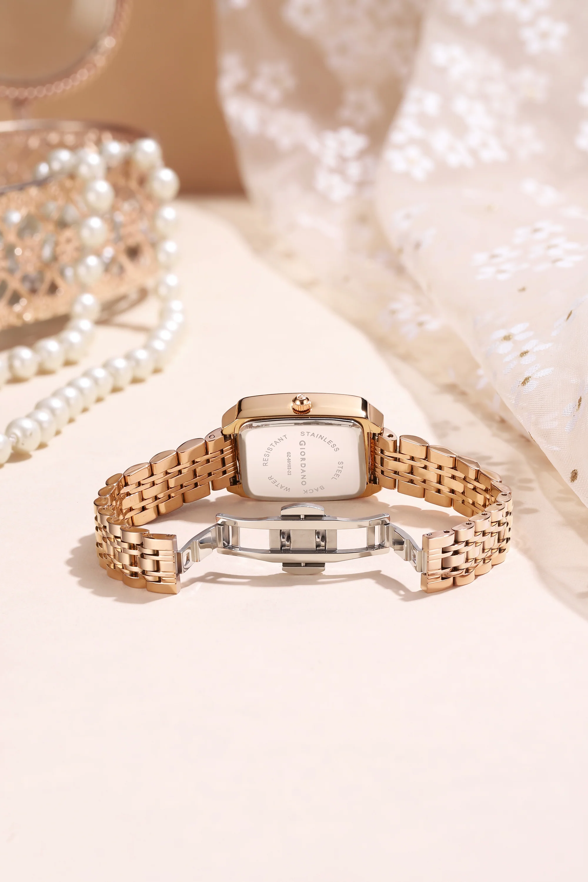 Giordano Analog Watch For Women - Rectangular Dial, Crystal Hour Markers And Rose Gold Stainless Steel Strap GZ-60102-22 - Image 4