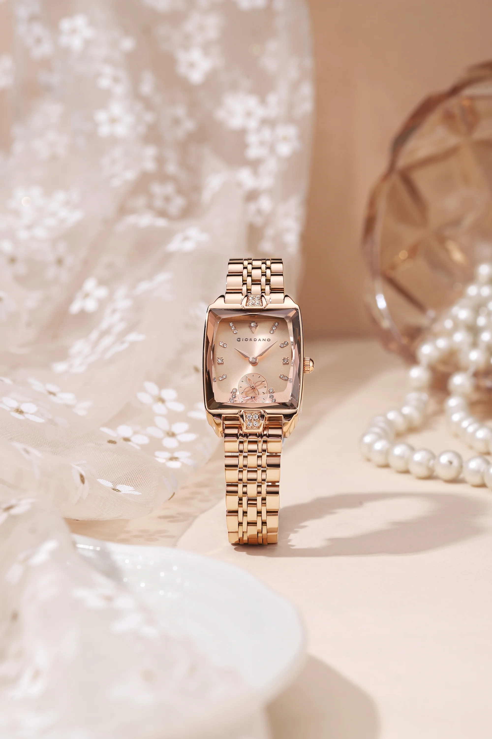 Giordano Analog Watch For Women - Rectangular Dial, Crystal Hour Markers And Rose Gold Stainless Steel Strap GZ-60102-44 - Image 3