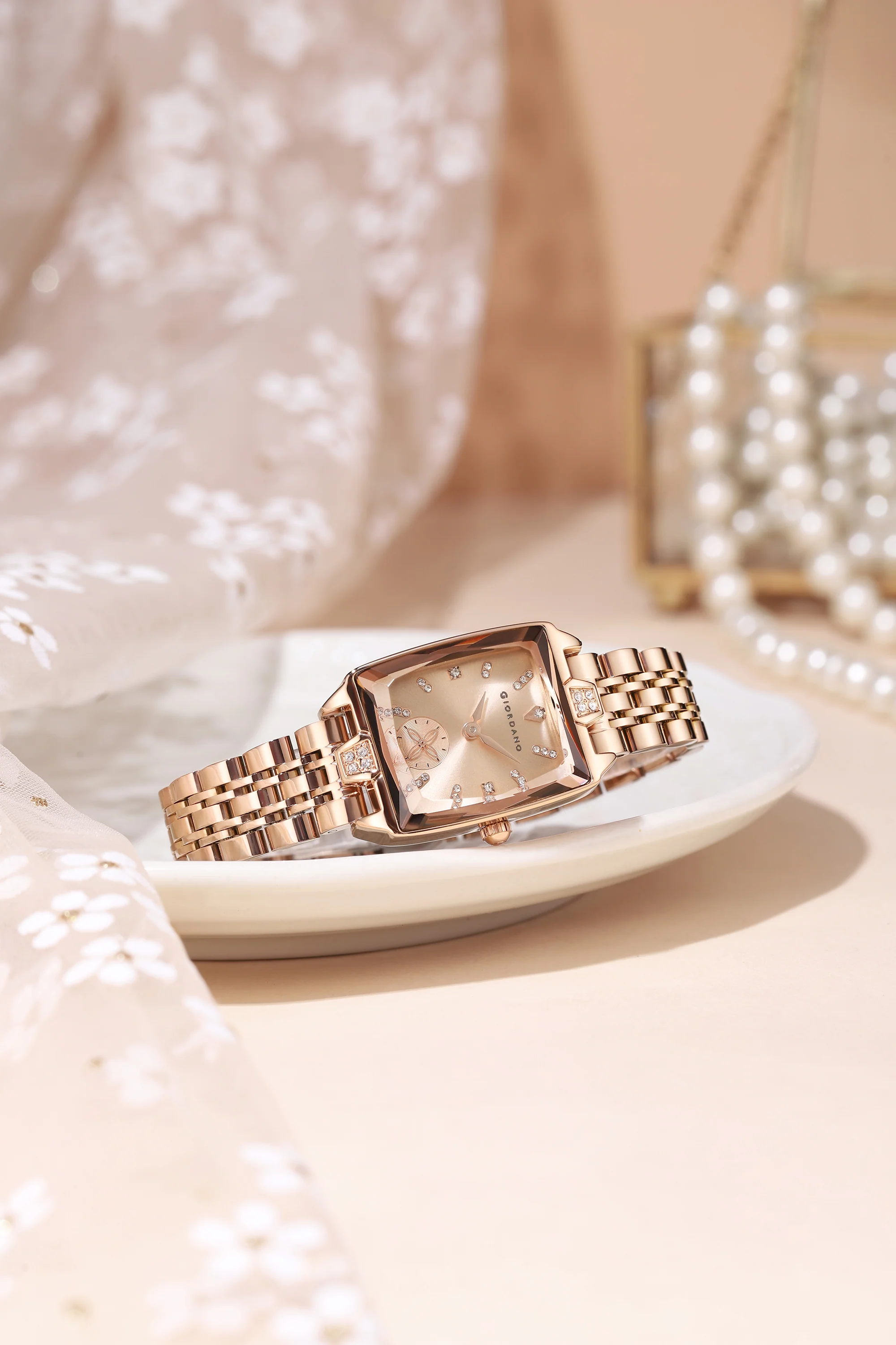Giordano Analog Watch For Women - Rectangular Dial, Crystal Hour Markers And Rose Gold Stainless Steel Strap GZ-60102-44 - Image 4
