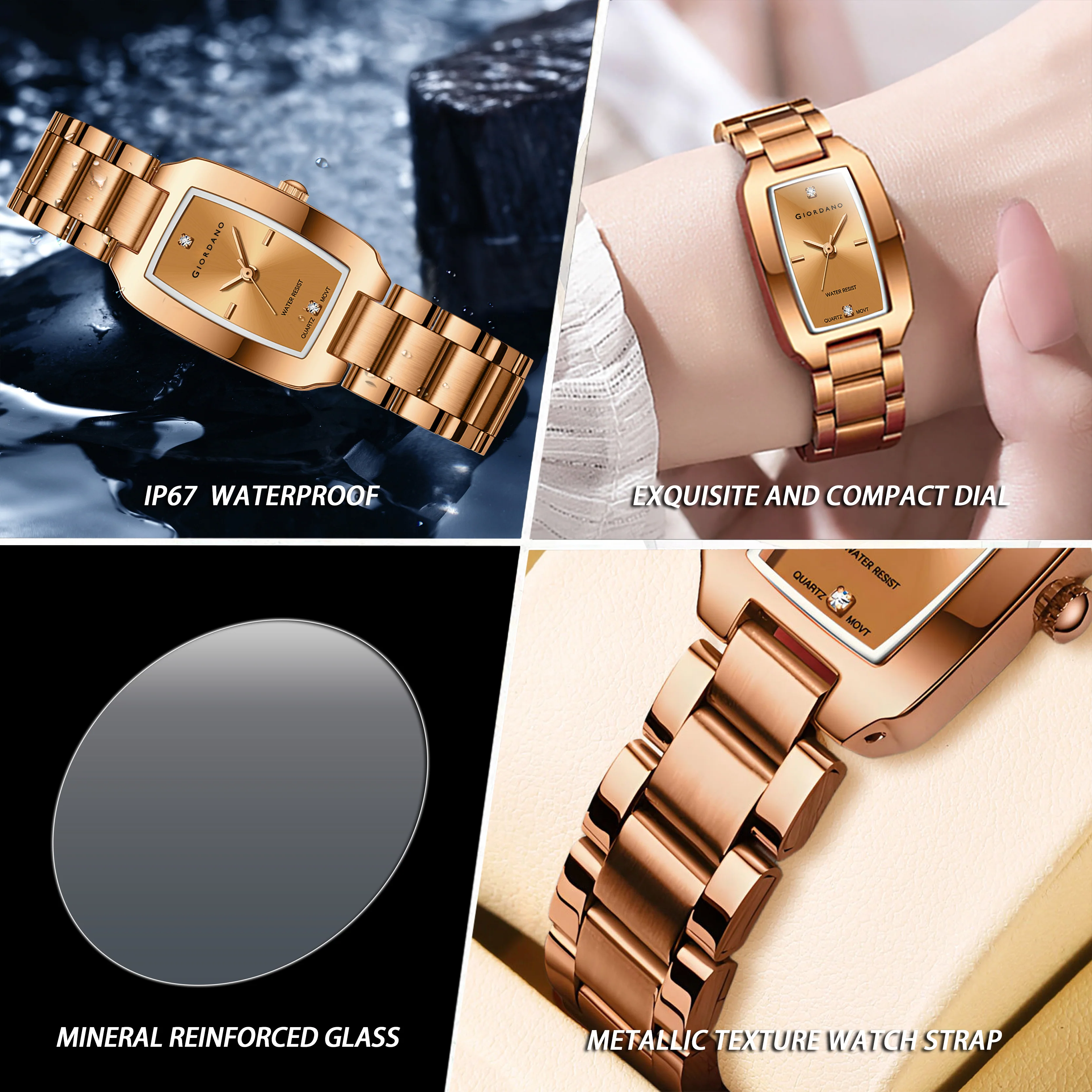 Giordano Analog Watch for Women – Rectangular Dial, Stainless Steel Strap, Crystal Accent Markers, Elegant Wristwatch - GZ-60140-33 - Image 5