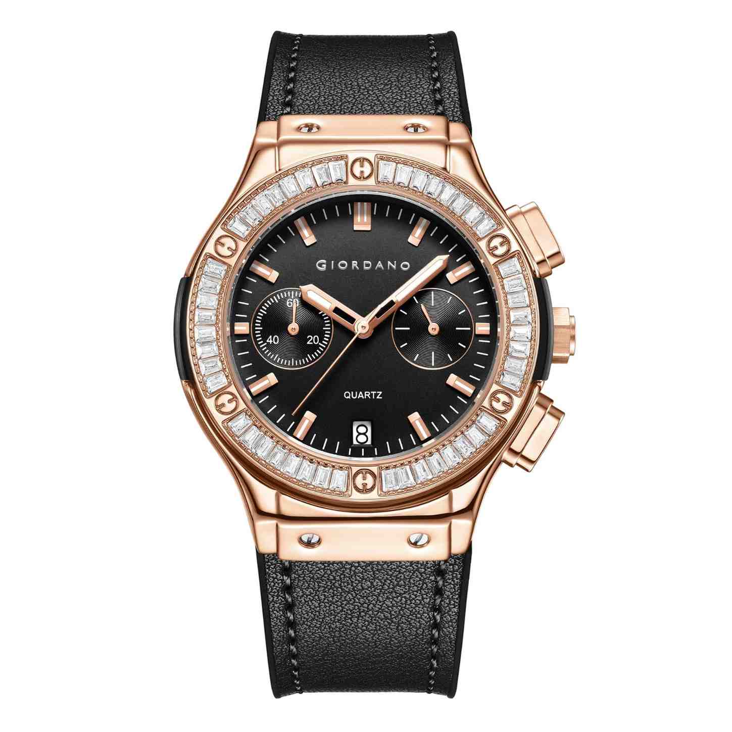 Giordano analog Watch for Women  – Round Dial,  Leather Strap, Crystal-Studded Bezel with Quartz Movement-GZ-60093-06 - Image 4