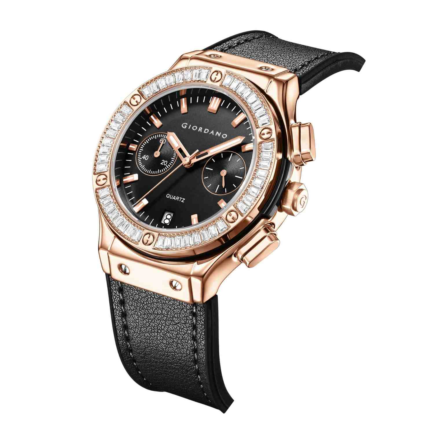 Giordano analog Watch for Women  – Round Dial,  Leather Strap, Crystal-Studded Bezel with Quartz Movement-GZ-60093-06 - Image 5