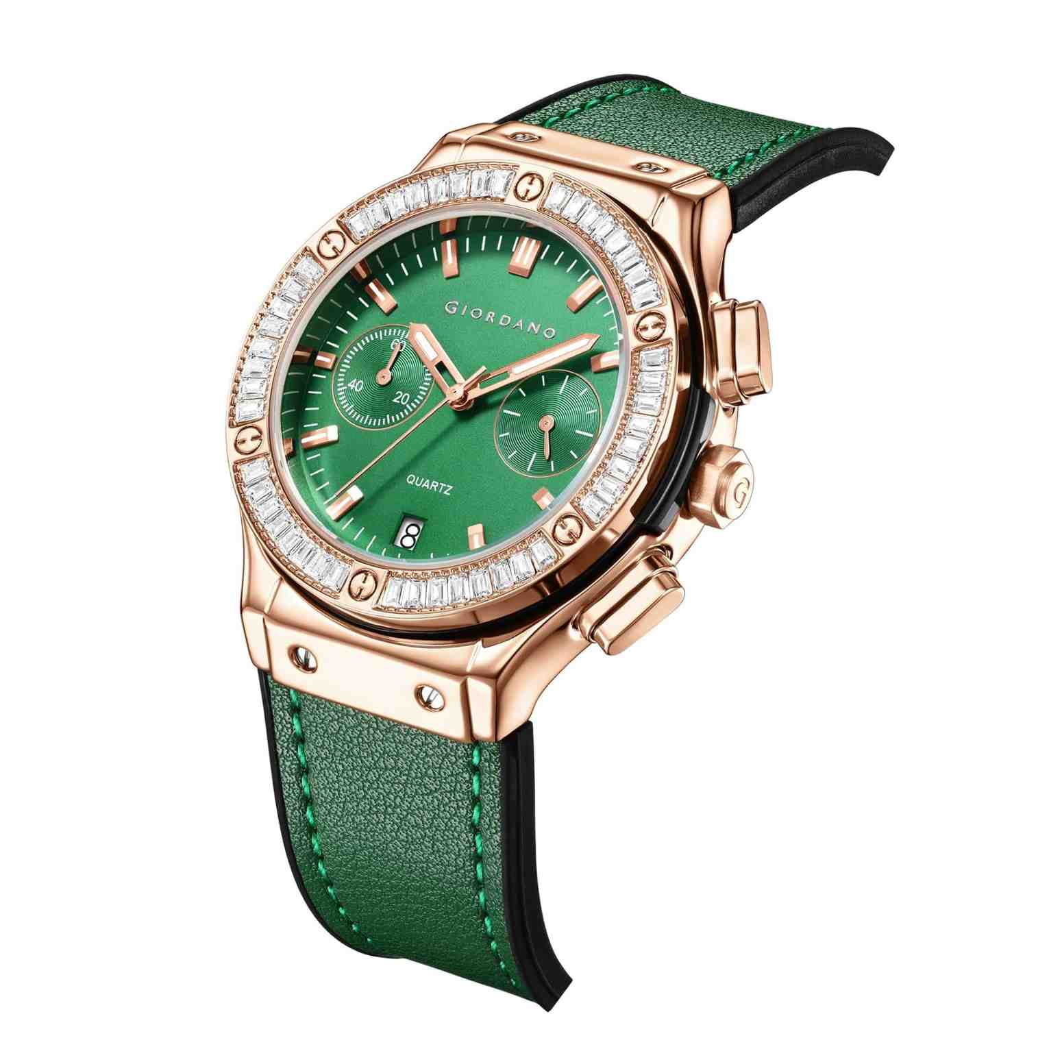 Giordano analog Watch for Women  – Round Dial,  Leather Strap, Crystal-Studded Bezel with Quartz Movement-GZ-60093-07 - Image 4