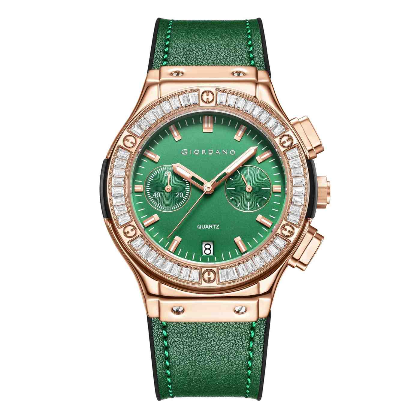 Giordano analog Watch for Women  – Round Dial,  Leather Strap, Crystal-Studded Bezel with Quartz Movement-GZ-60093-07 - Image 5
