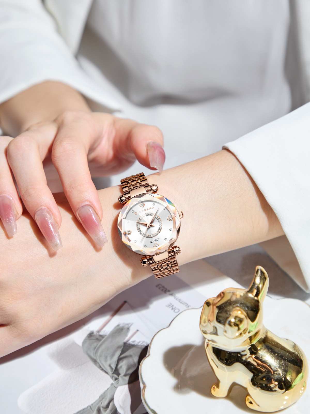 Giordano Analog Watch for Women – Round Dial with Crystal Accents, Rose Gold Stainless Steel Strap, Elegant Timepiece - GZ-60138-11 - Image 2