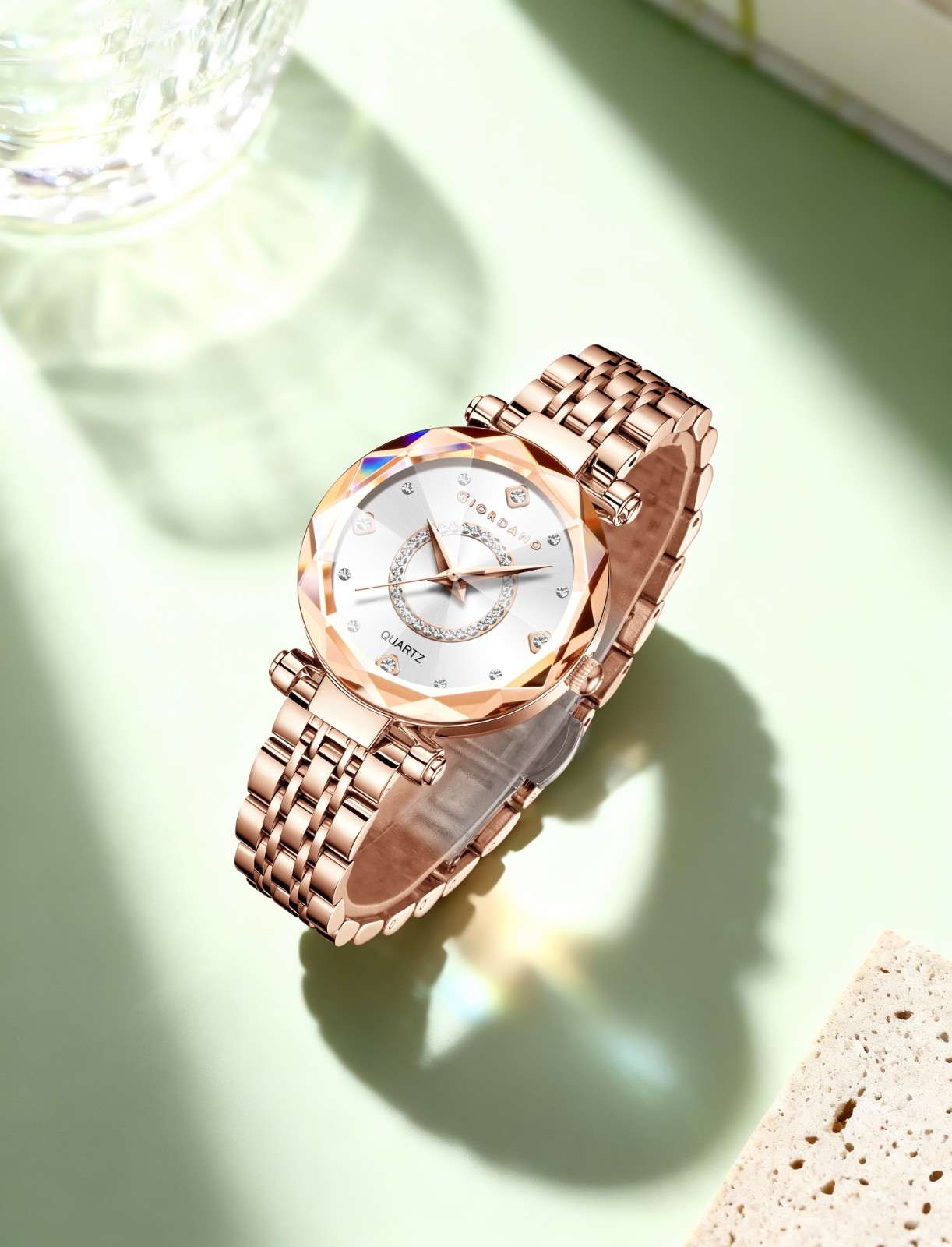 Giordano Analog Watch for Women – Round Dial with Crystal Accents, Rose Gold Stainless Steel Strap, Elegant Timepiece - GZ-60138-11 - Image 3