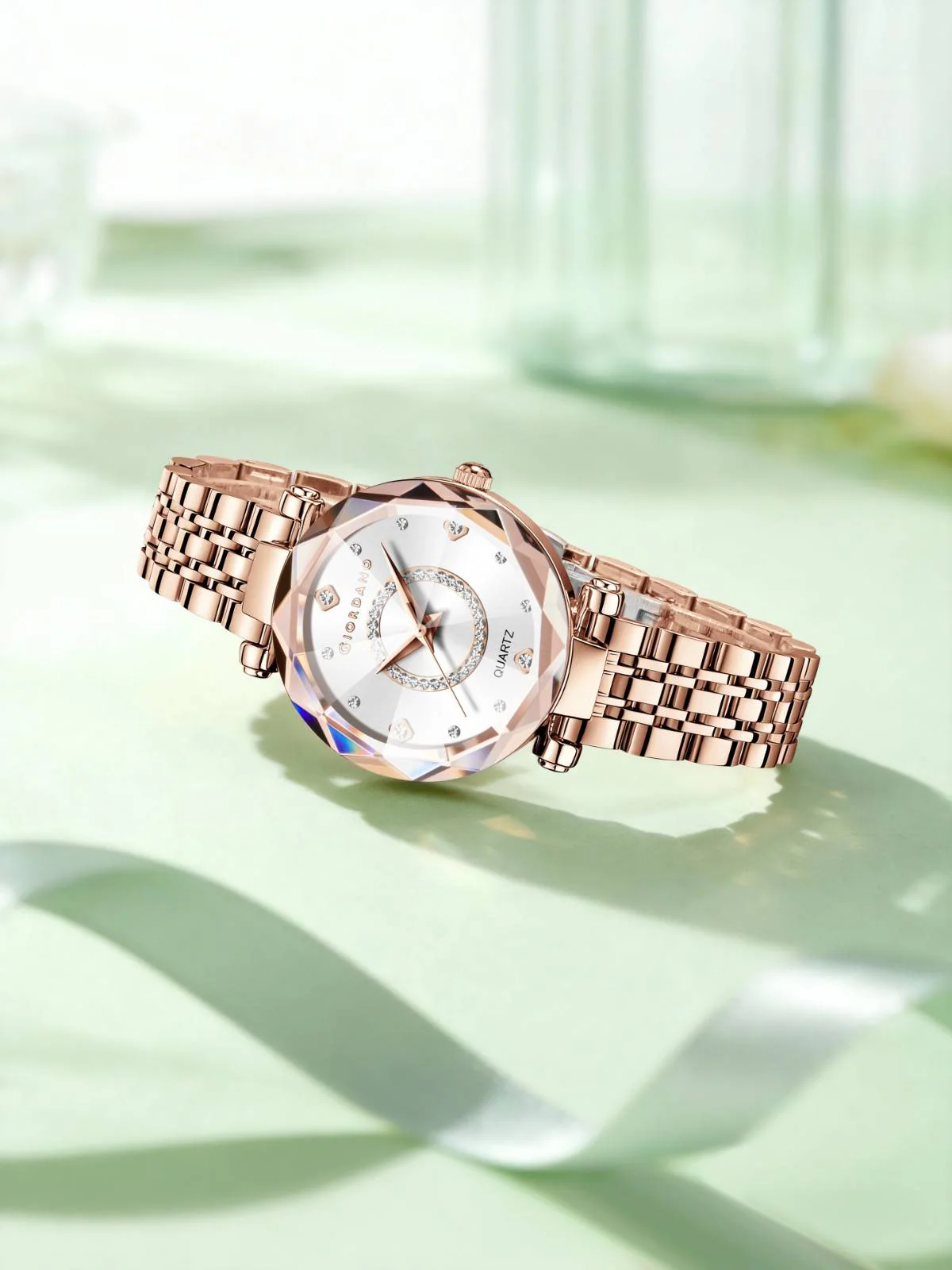 Giordano Analog Watch for Women – Round Dial with Crystal Accents, Rose Gold Stainless Steel Strap, Elegant Timepiece - GZ-60138-11 - Image 4