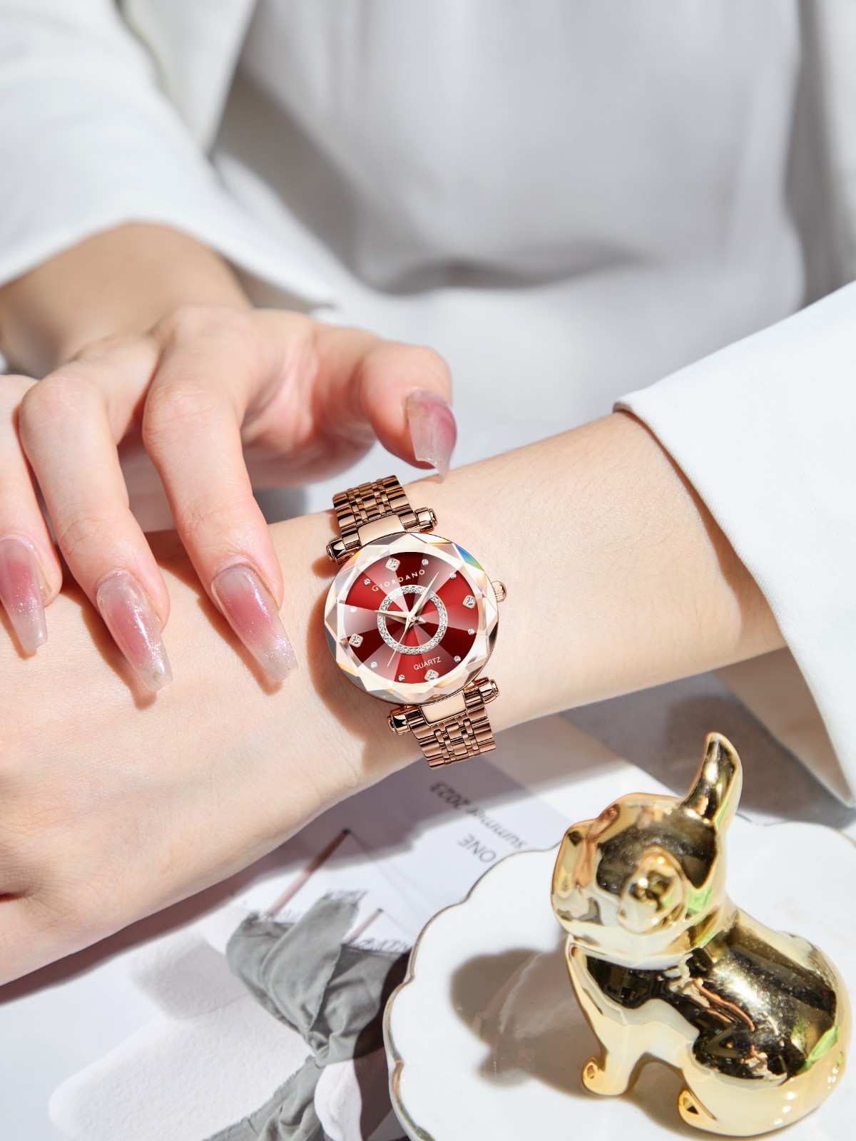 Giordano Analog Watch for Women – Round Dial with Crystal Accents, Rose Gold Stainless Steel Strap, Elegant Timepiece - GZ-60138-22 - Image 2