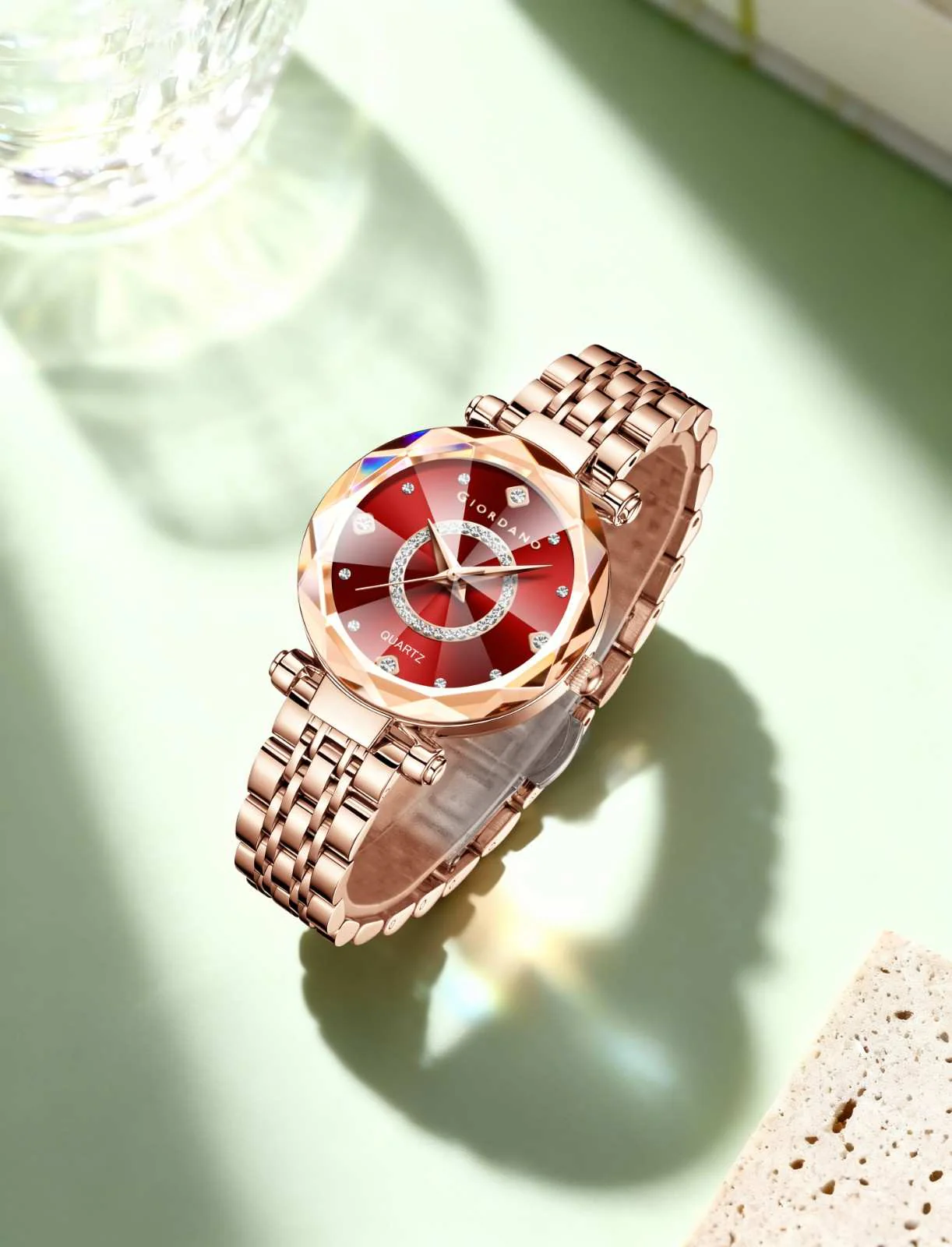 Giordano Analog Watch for Women – Round Dial with Crystal Accents, Rose Gold Stainless Steel Strap, Elegant Timepiece - GZ-60138-22 - Image 3